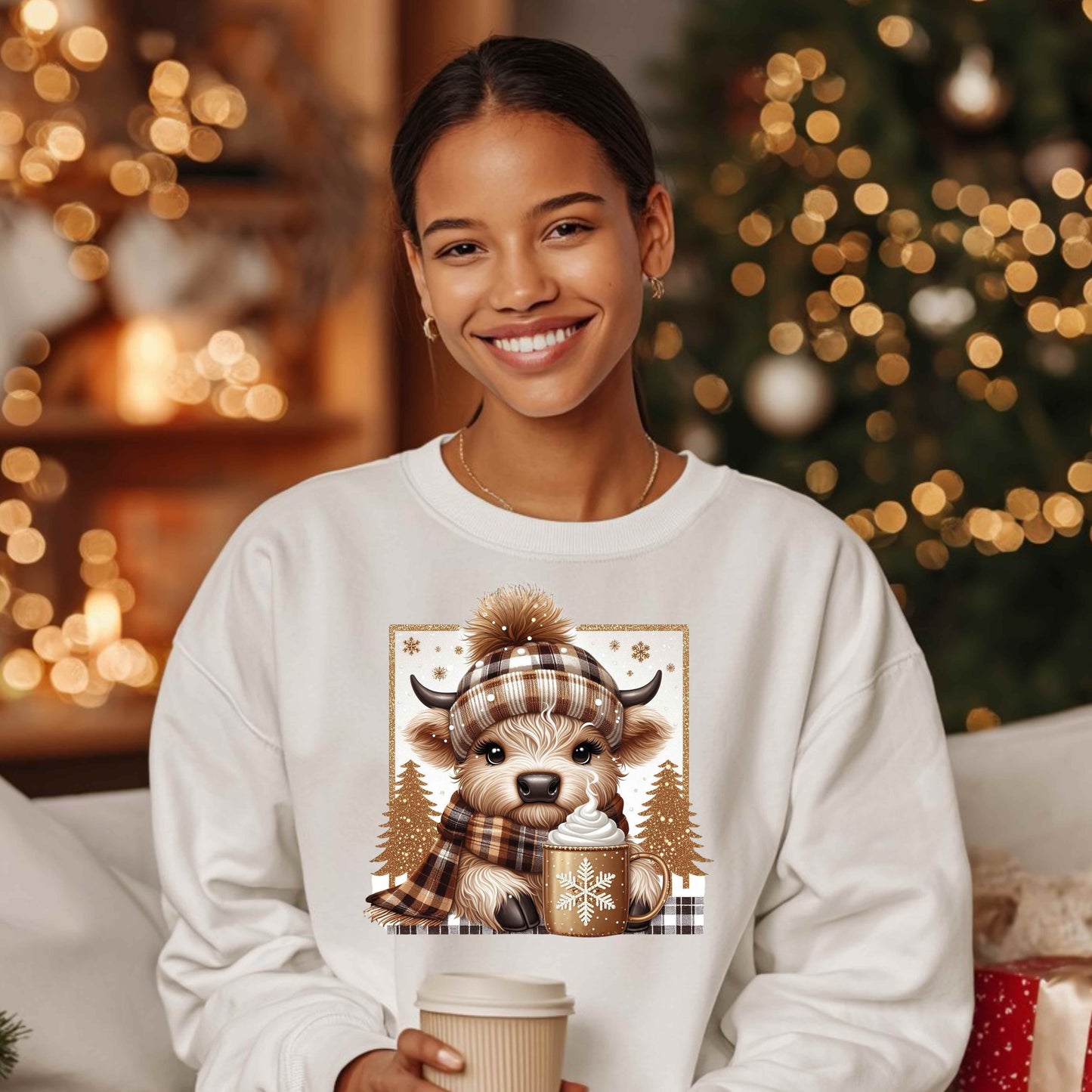 Cute Coffee Lover Highland Cow Crewneck Pullover Sweatshirt