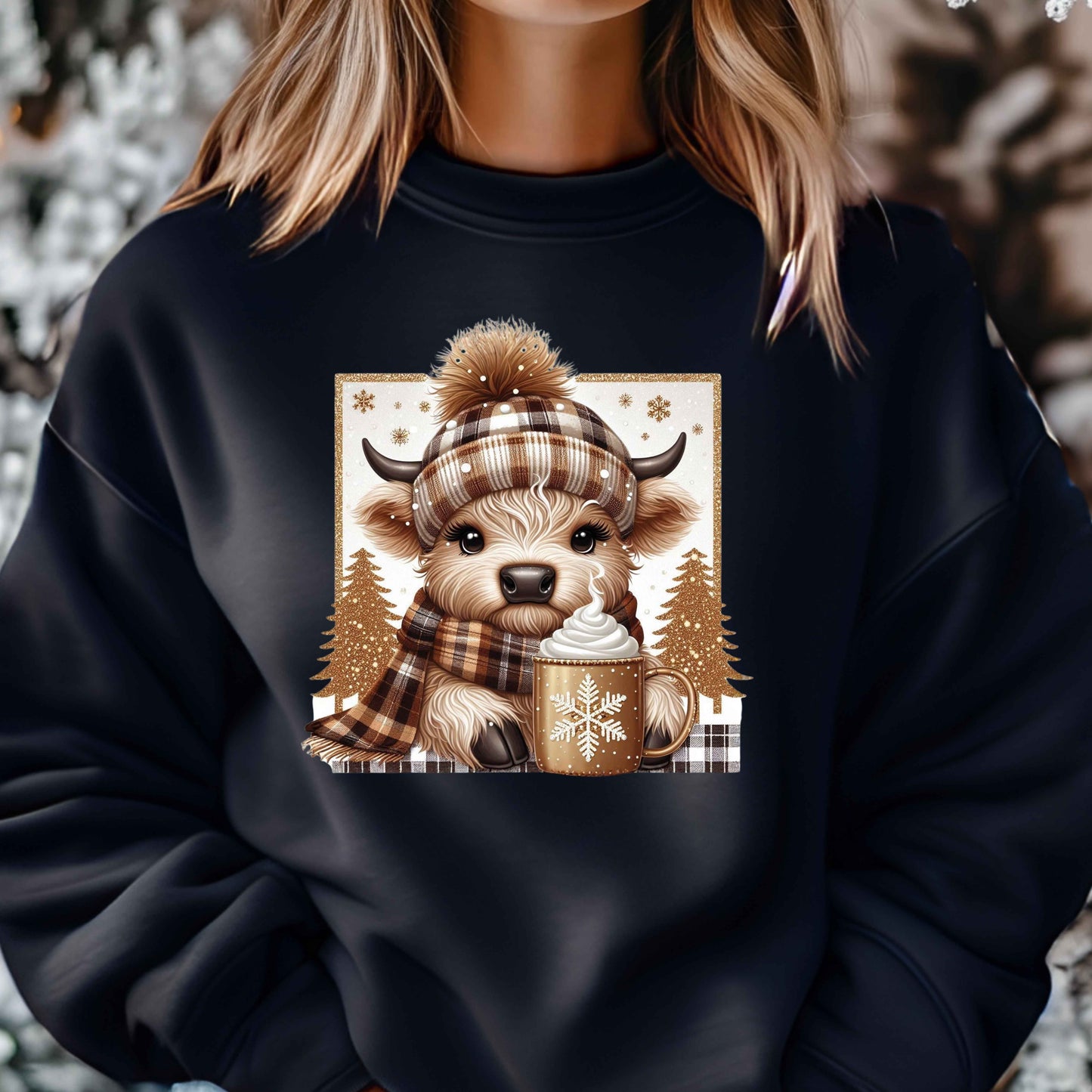 Cute Coffee Lover Highland Cow Crewneck Pullover Sweatshirt