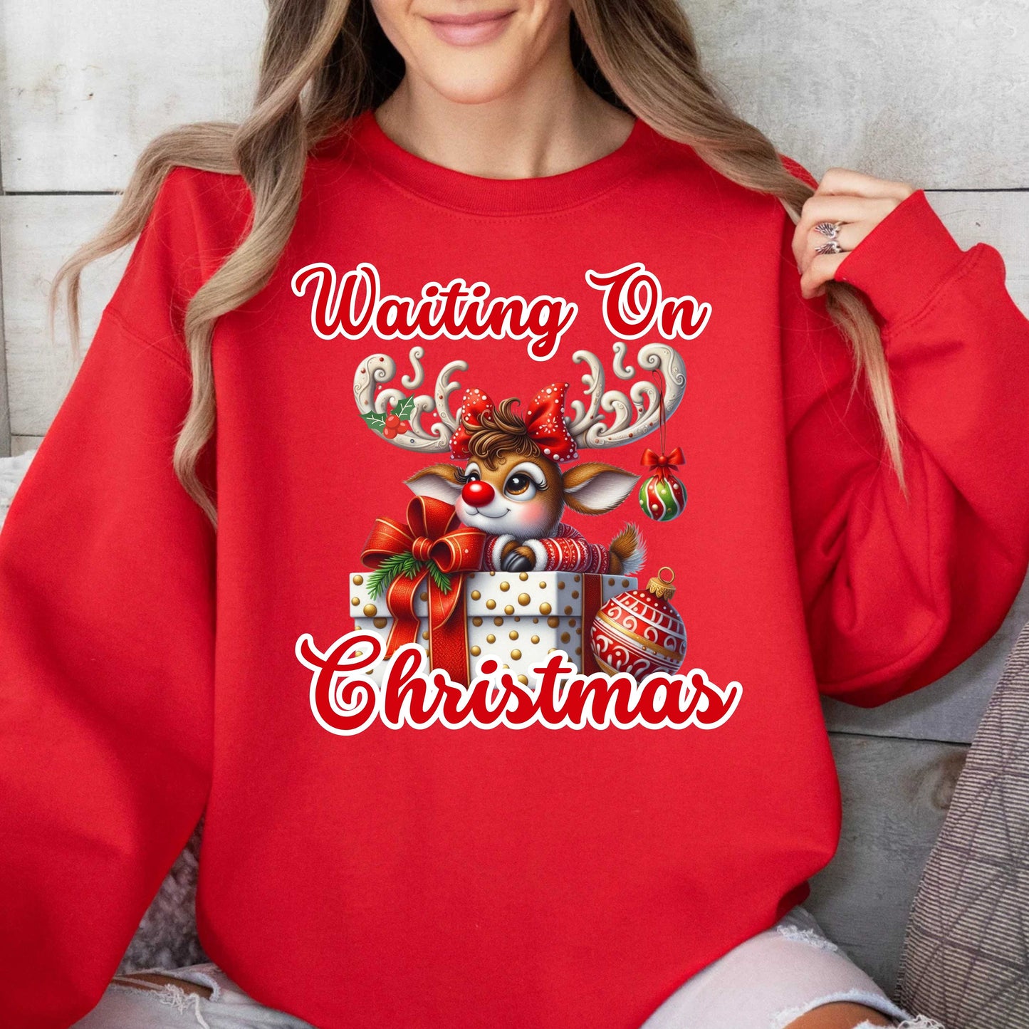 Waiting on Christmas Reindeer Crewneck Pullover Sweatshirt