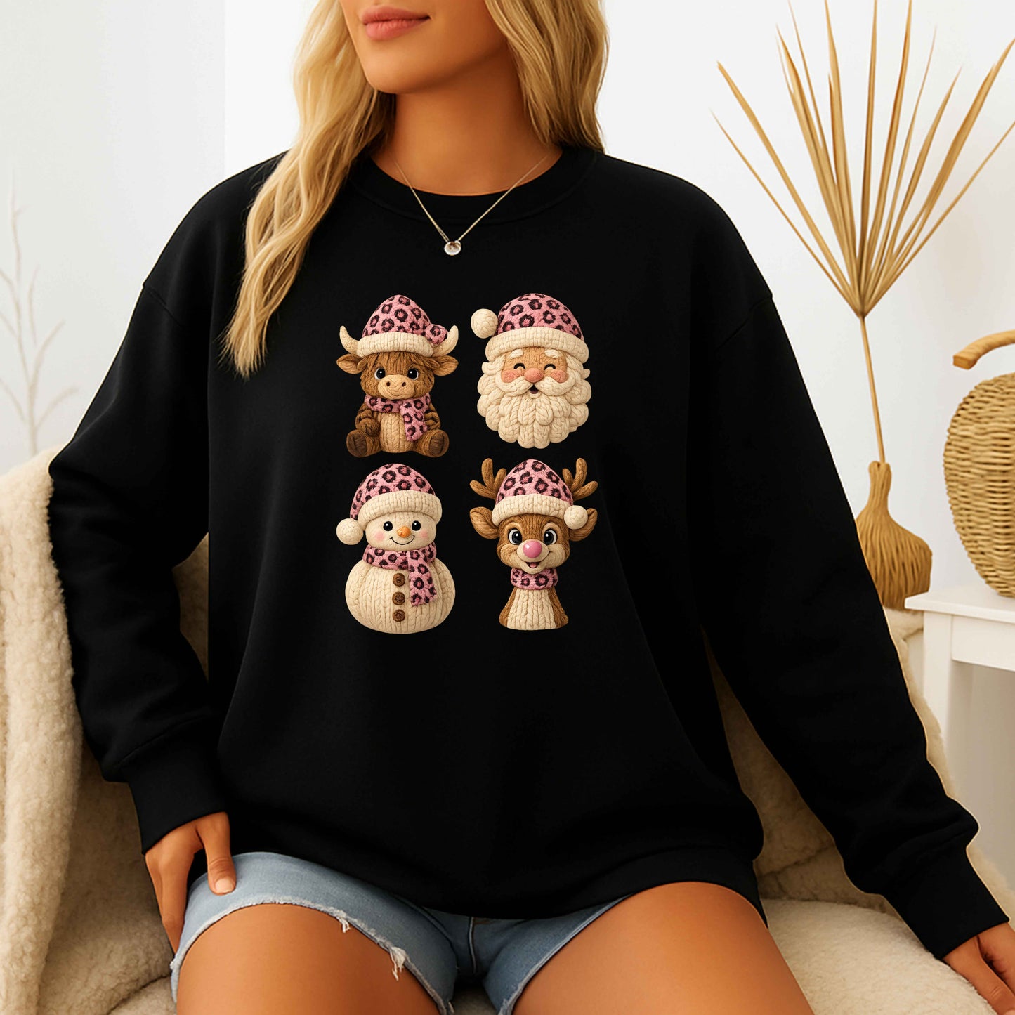 Faux Crochet cow, santa, snowman, reindeer Christmas  Crewneck Pullover Sweatshirt
