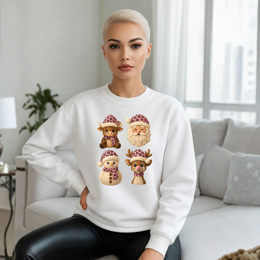 Faux Crochet cow, santa, snowman, reindeer Christmas  Crewneck Pullover Sweatshirt