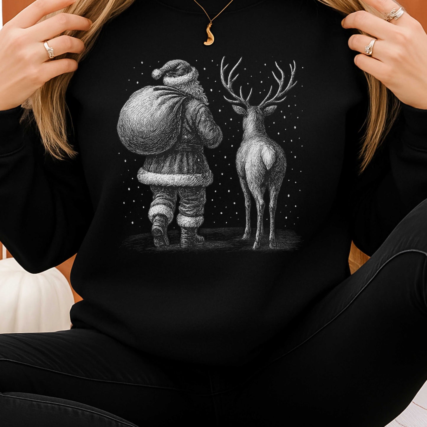 Sketched Silent Night Santa Reindeer Crewneck Pullover Sweatshirt
