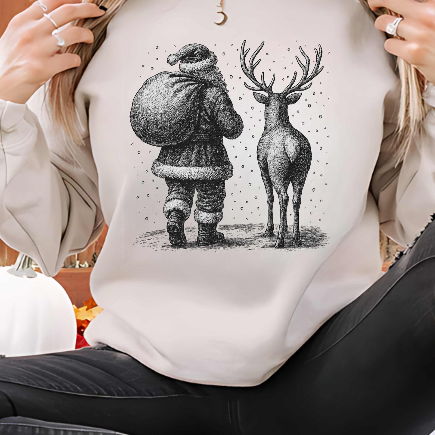 Sketched Silent Night Santa Reindeer Crewneck Pullover Sweatshirt