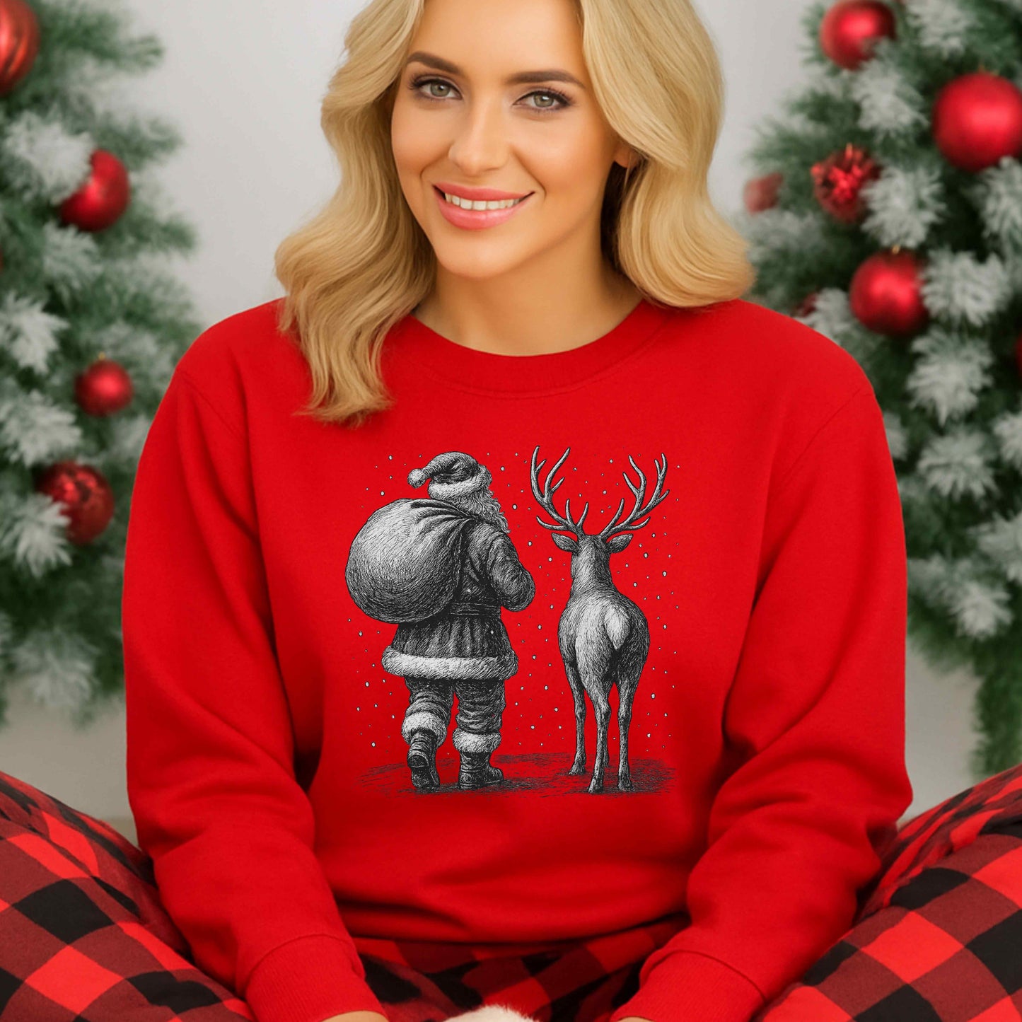 Sketched Silent Night Santa Reindeer Crewneck Pullover Sweatshirt