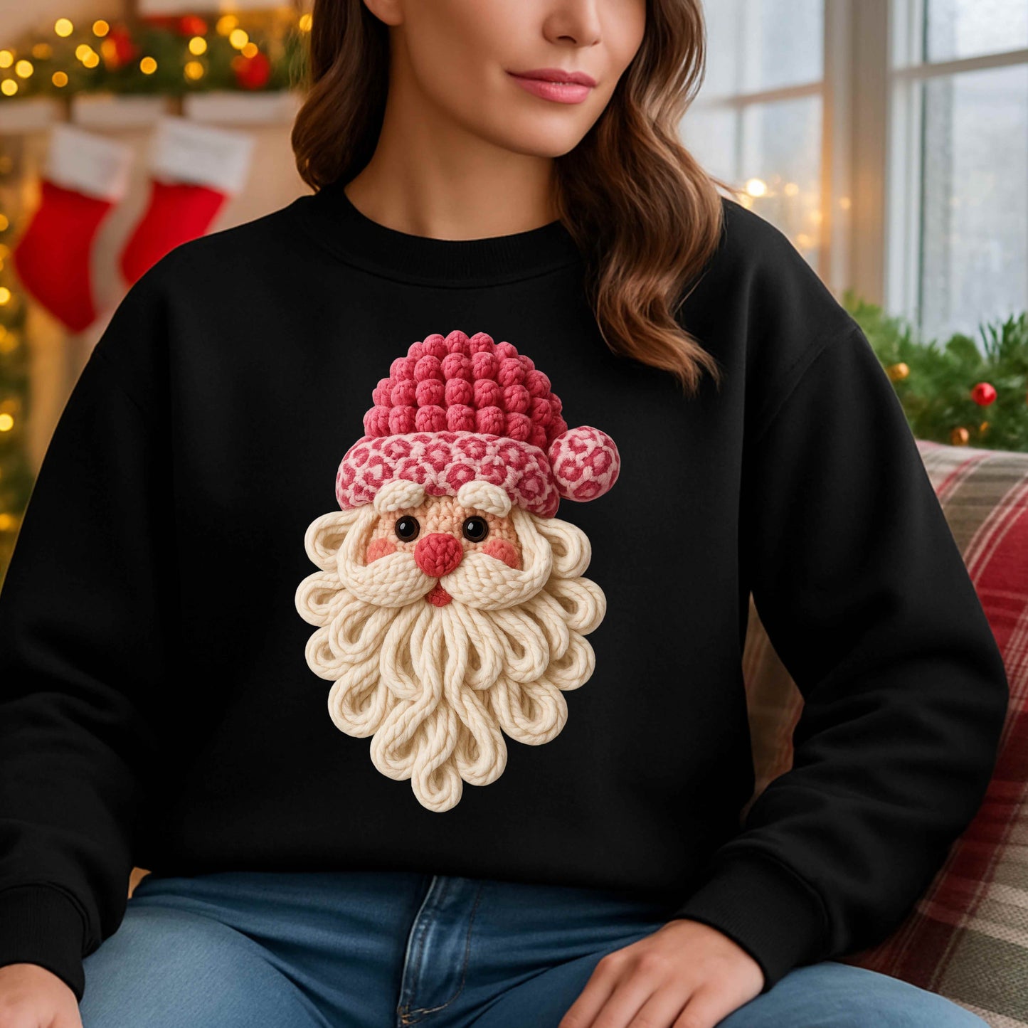Faux Crochet Pink Leopard Santa Crewneck Pullover Sweatshirt
