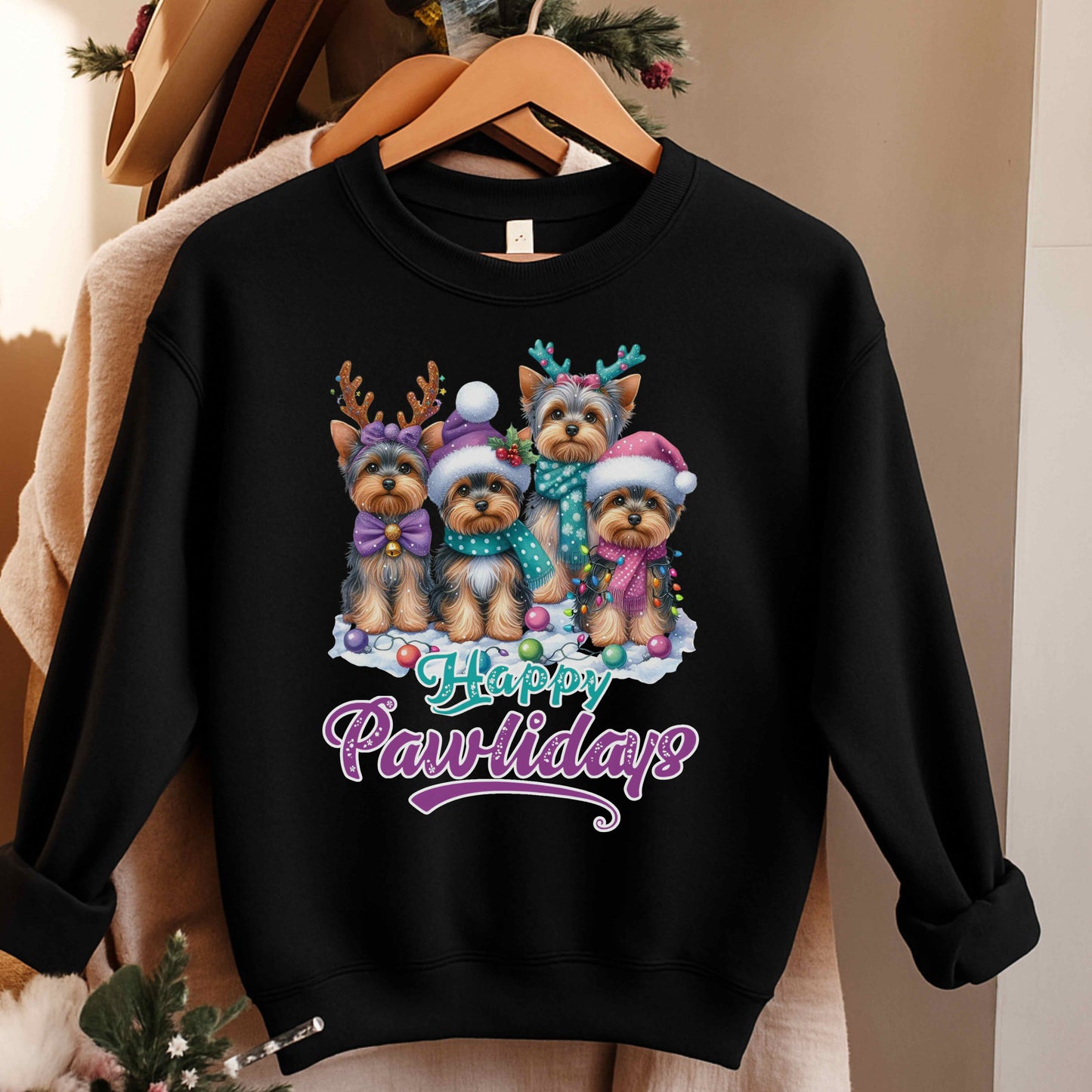 Happy Pawlidays Yorkie Lovers Crewneck Pullover Sweatshirt | Pet Lovers Gift Idea