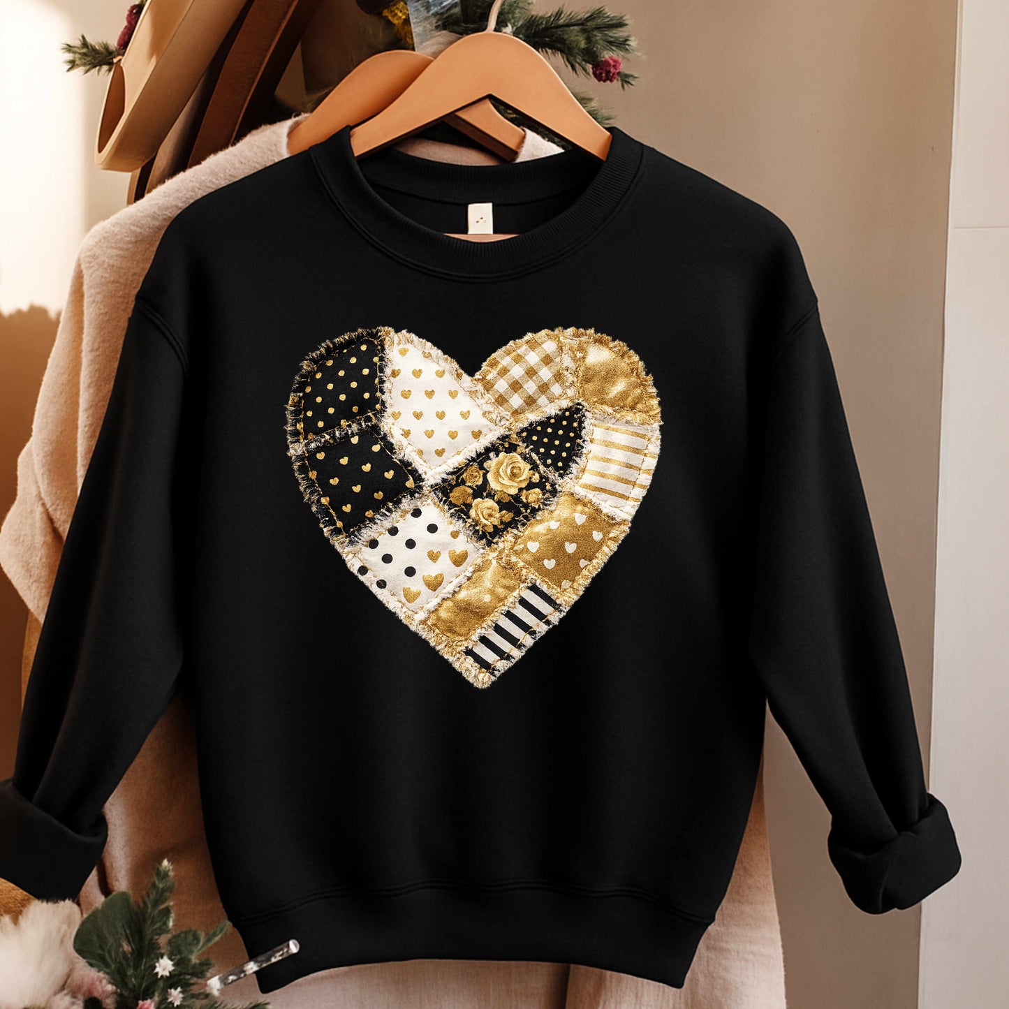 Faux Patchwork Black and Gold Love T-Shirt