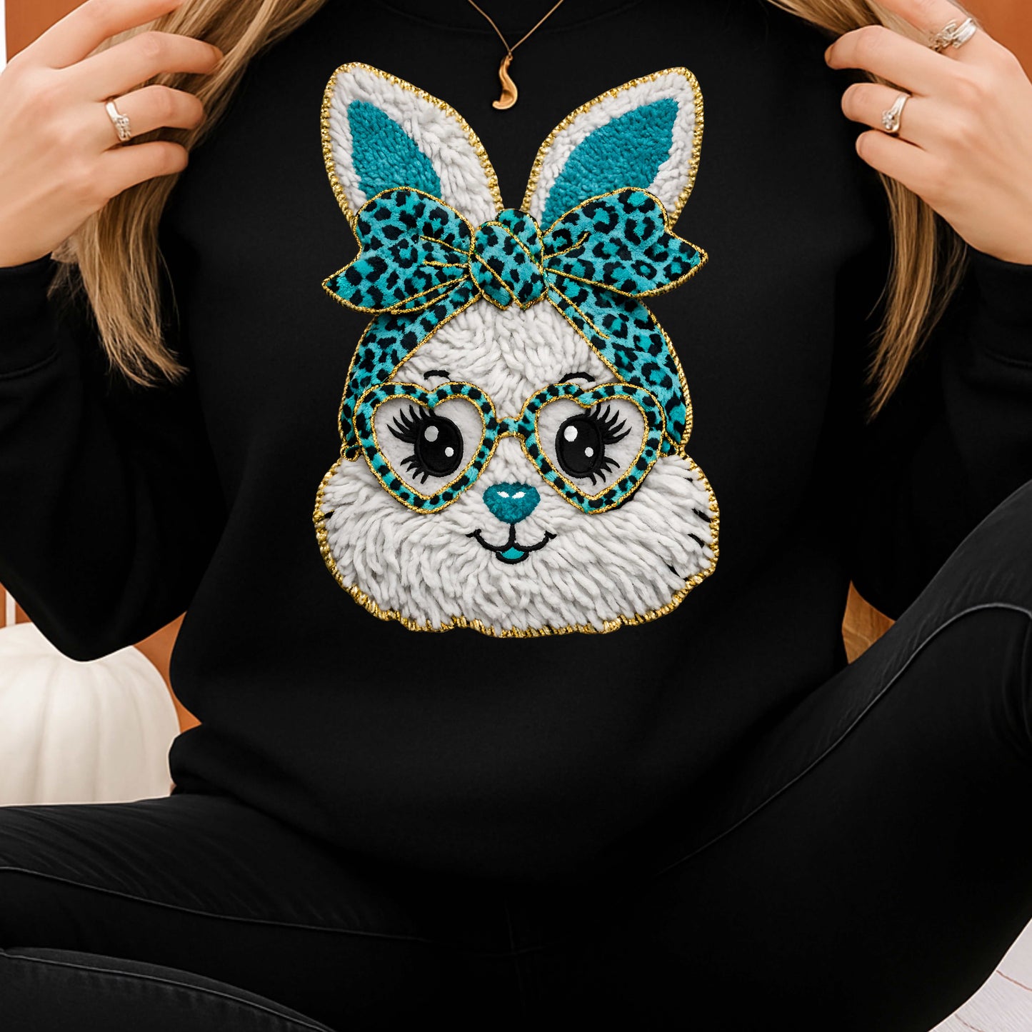 Faux Tufted Yarn Bunny Leopard Print  Crewneck Pullover Sweatshirt