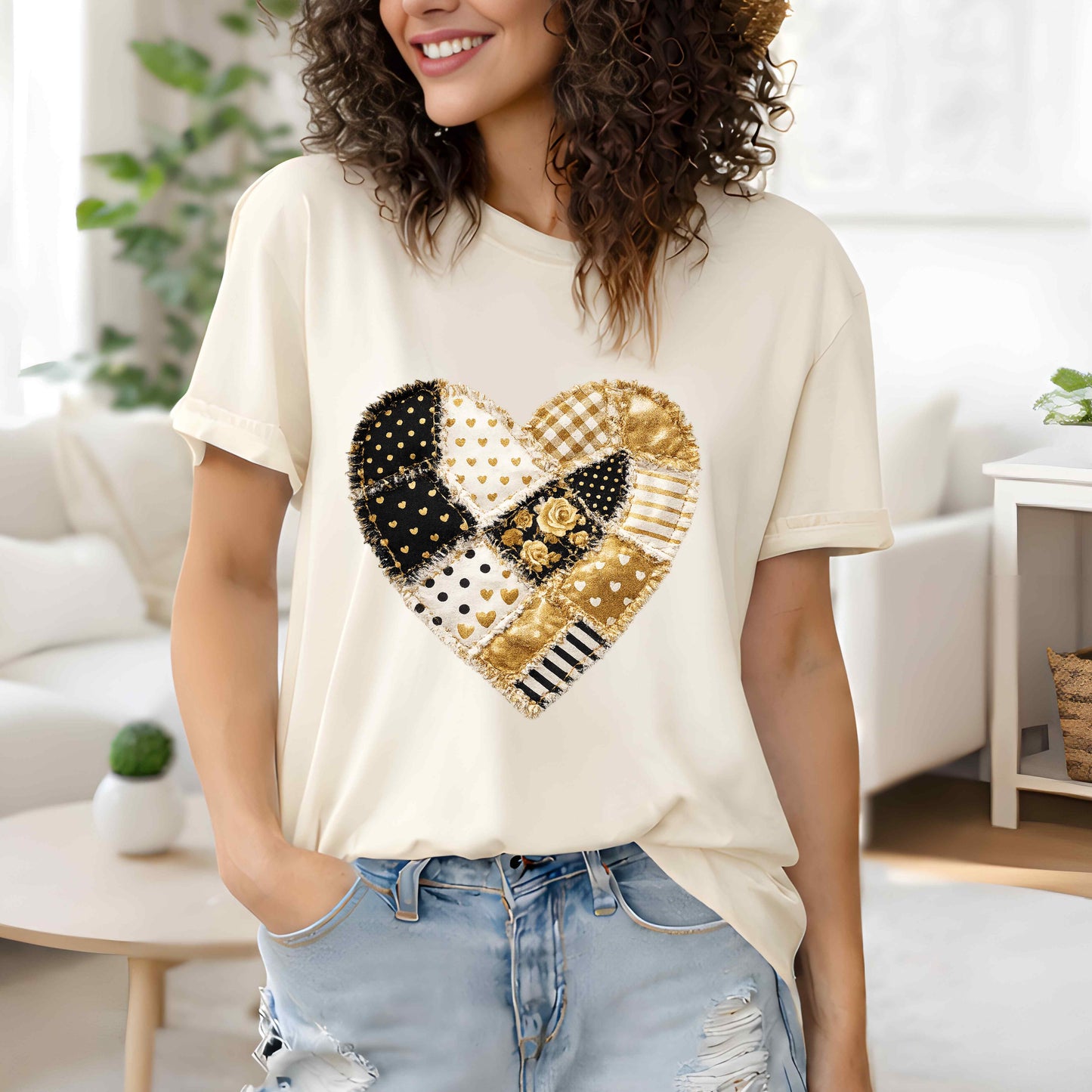 Faux Patchwork Black and Gold Love T-Shirt