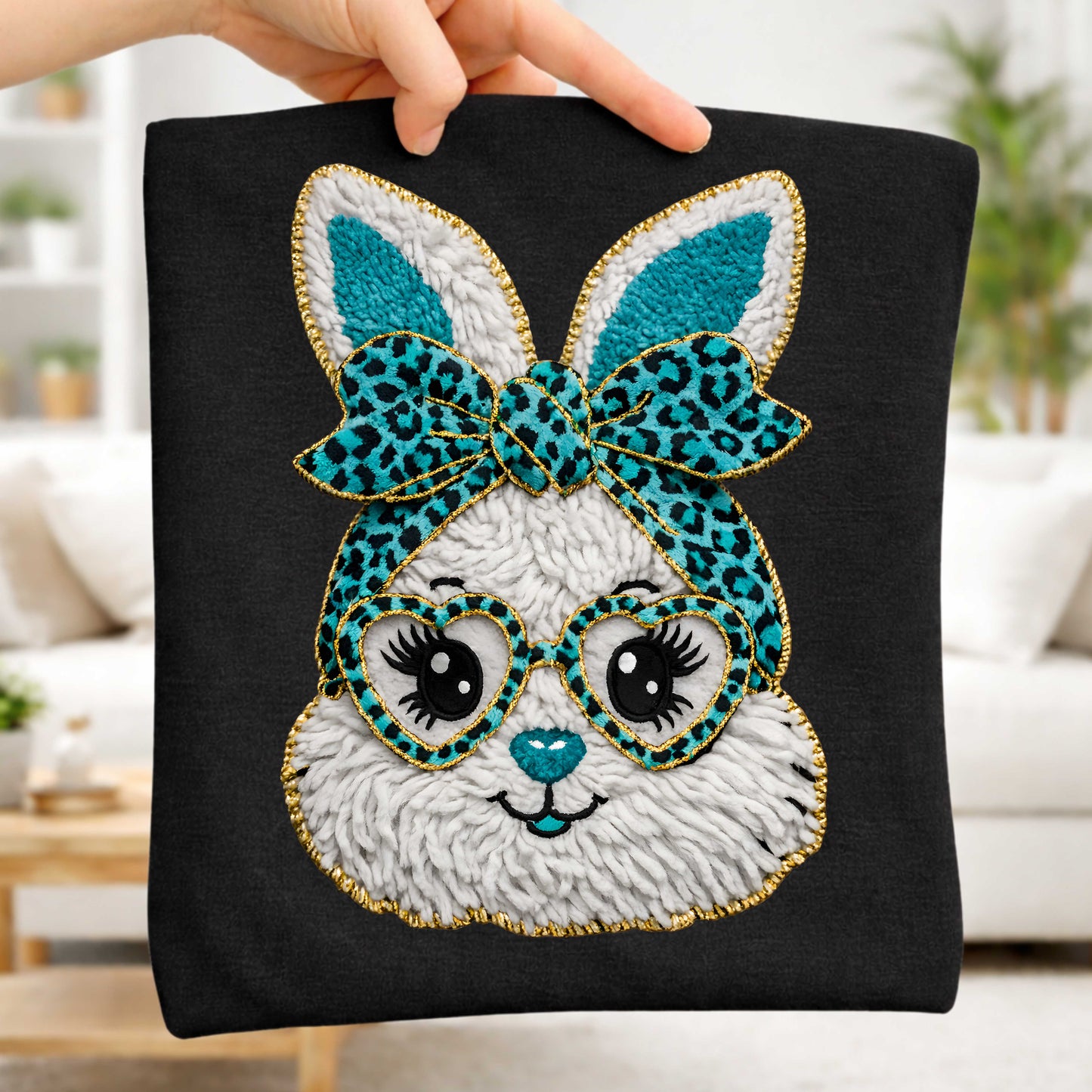 Faux Tufted Yarn Bunny Leopard Print  Crewneck Pullover Sweatshirt