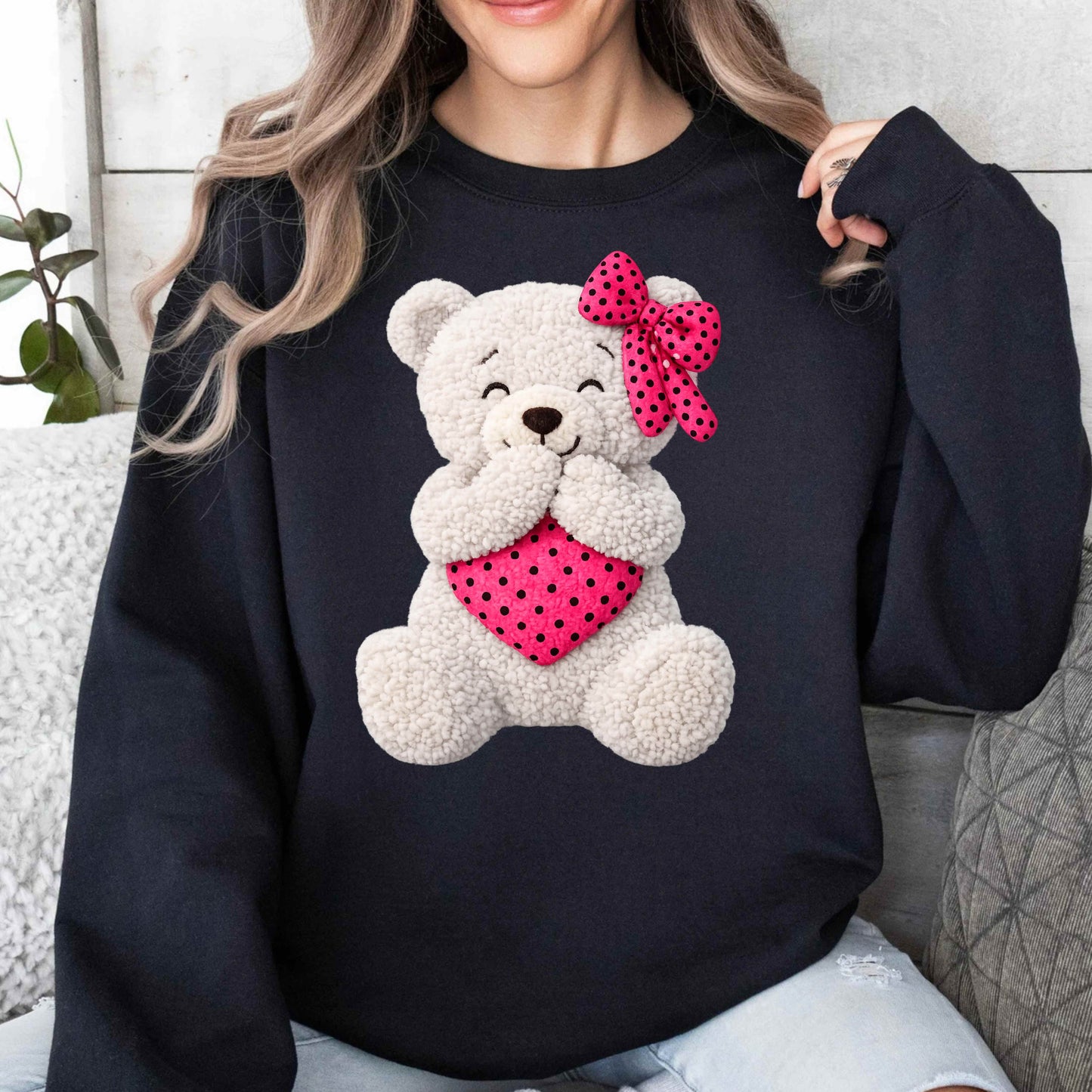 Faux Plush Cute Teddy Bear  Crewneck Pullover Sweatshirt
