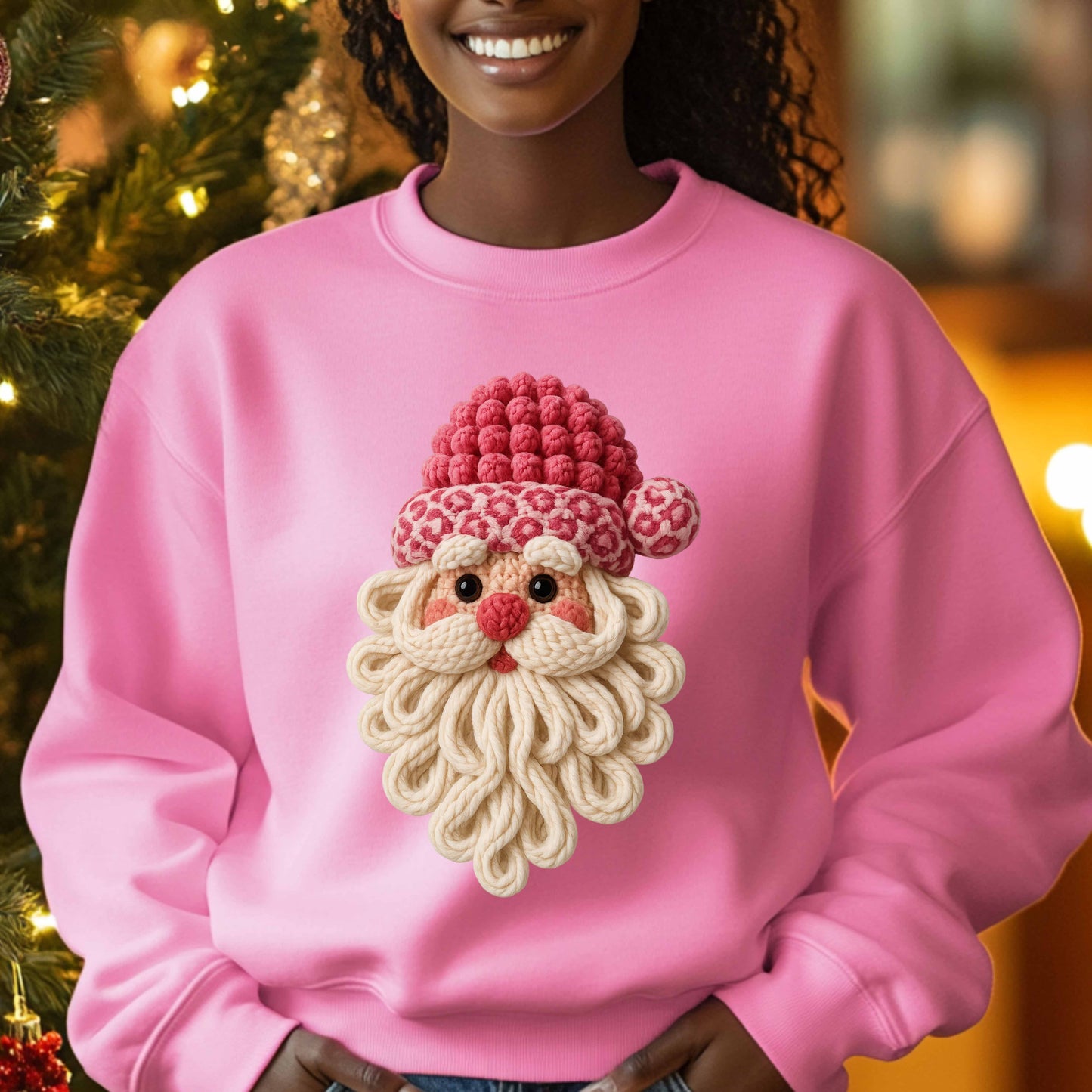 Faux Crochet Pink Leopard Santa Crewneck Pullover Sweatshirt