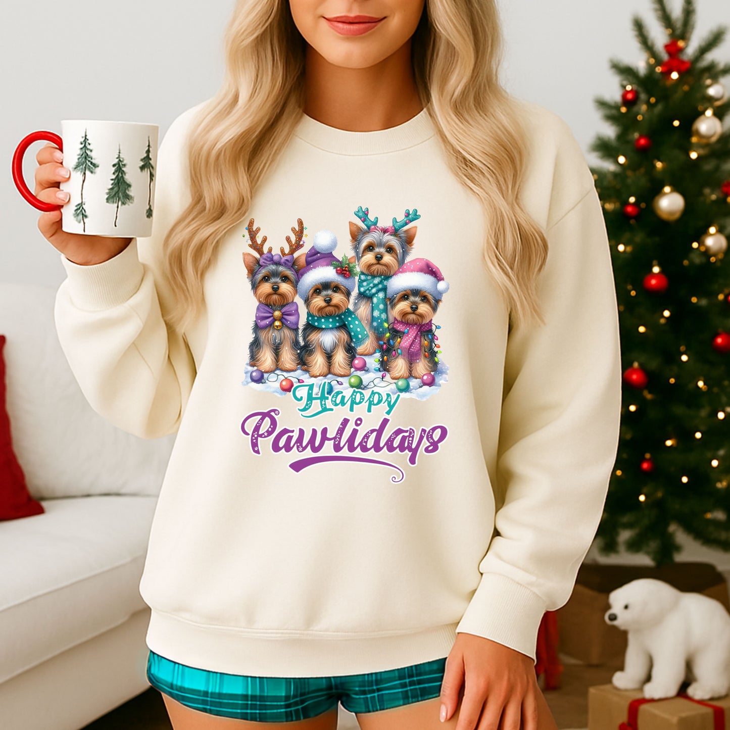 Happy Pawlidays Yorkie Lovers Crewneck Pullover Sweatshirt | Pet Lovers Gift Idea
