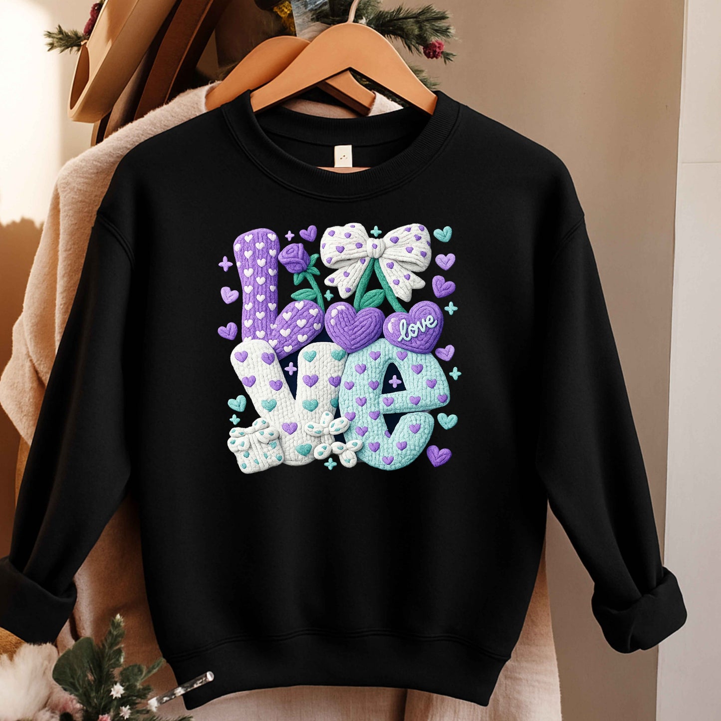 Love Faux Embroidered Terry Cloth Crewneck Pullover Sweatshirt