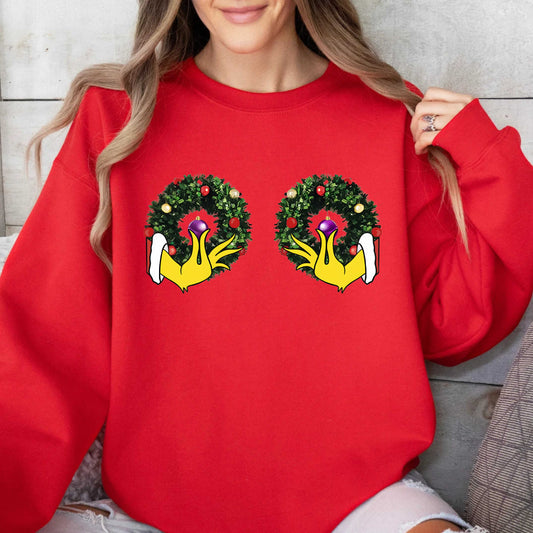 Funny Christmas Wreath Women Crewneck Pullover Sweatshirt