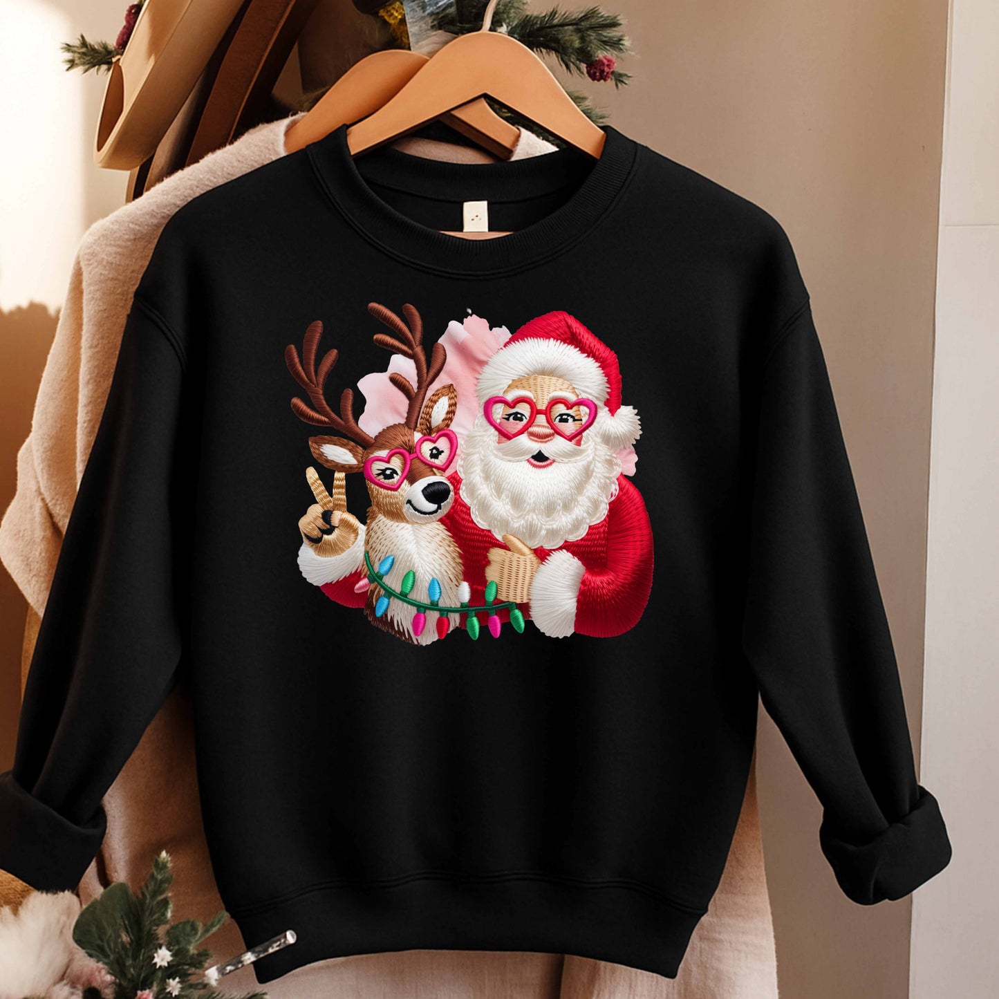 Faux Embroidered Santa Reindeer Christmas Crewneck Pullover Sweatshirt