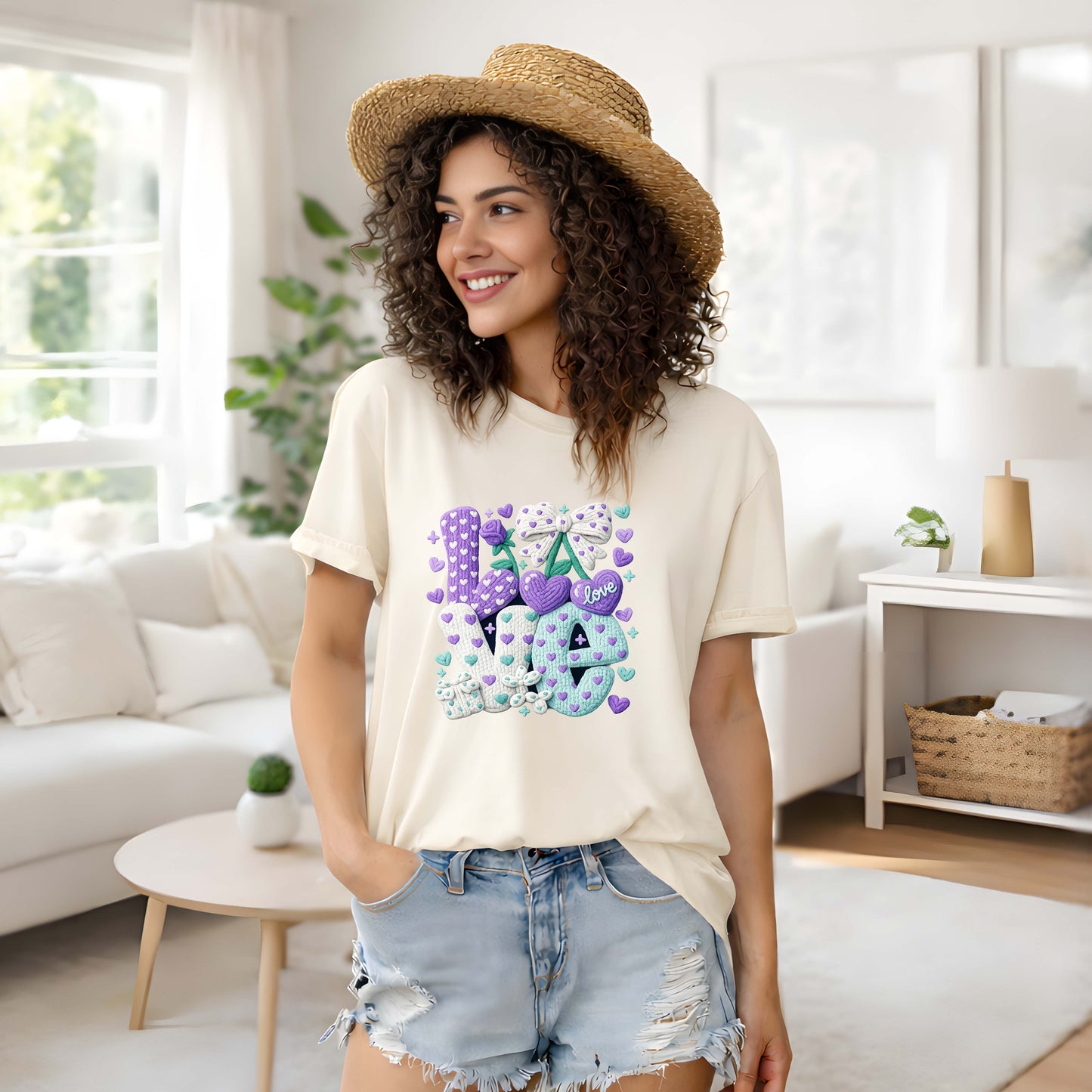 Love Faux Embroidered Terry Cloth Crewneck Pullover Sweatshirt