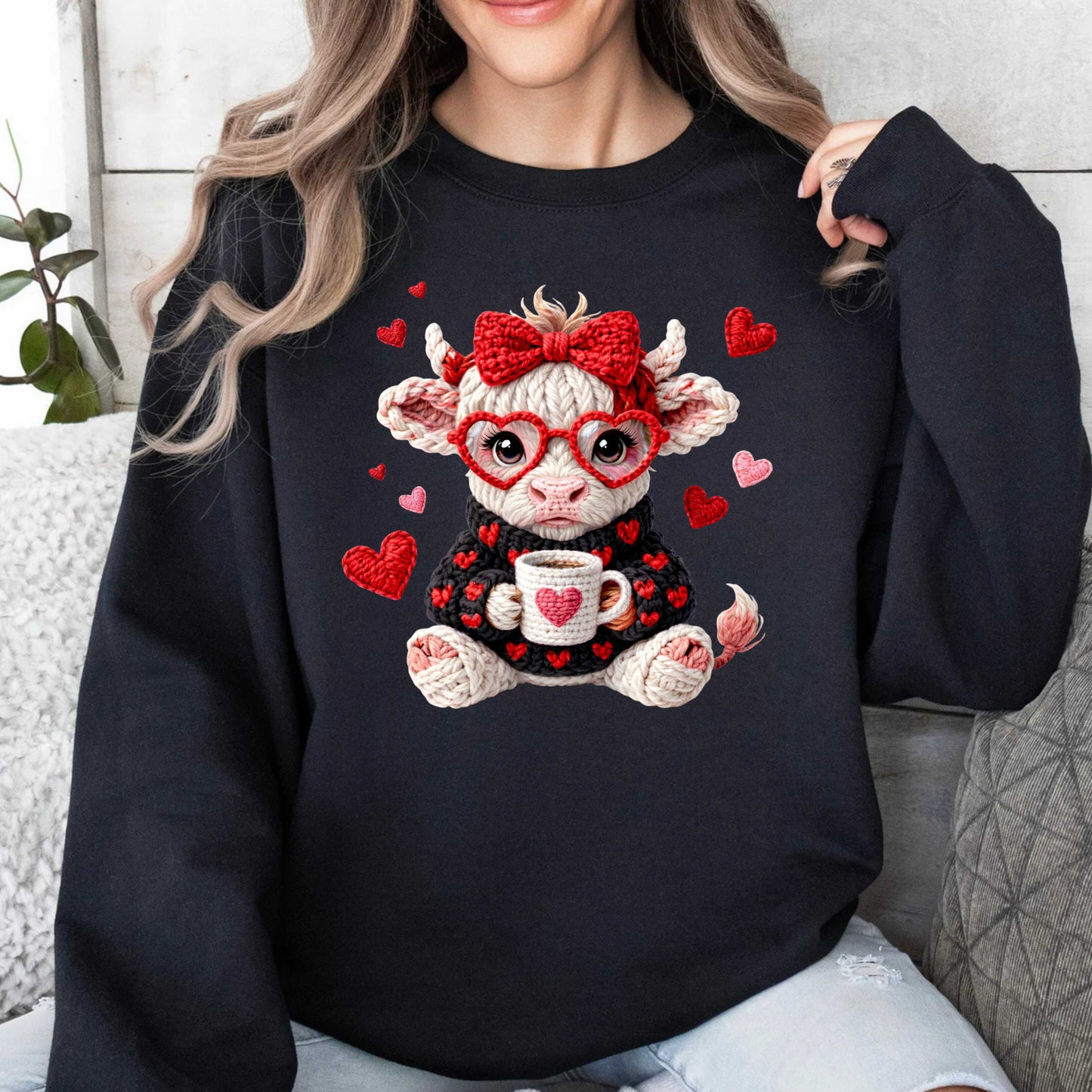 Faux Crochet Highland Cow Valentines Crewneck Pullover Sweatshirt