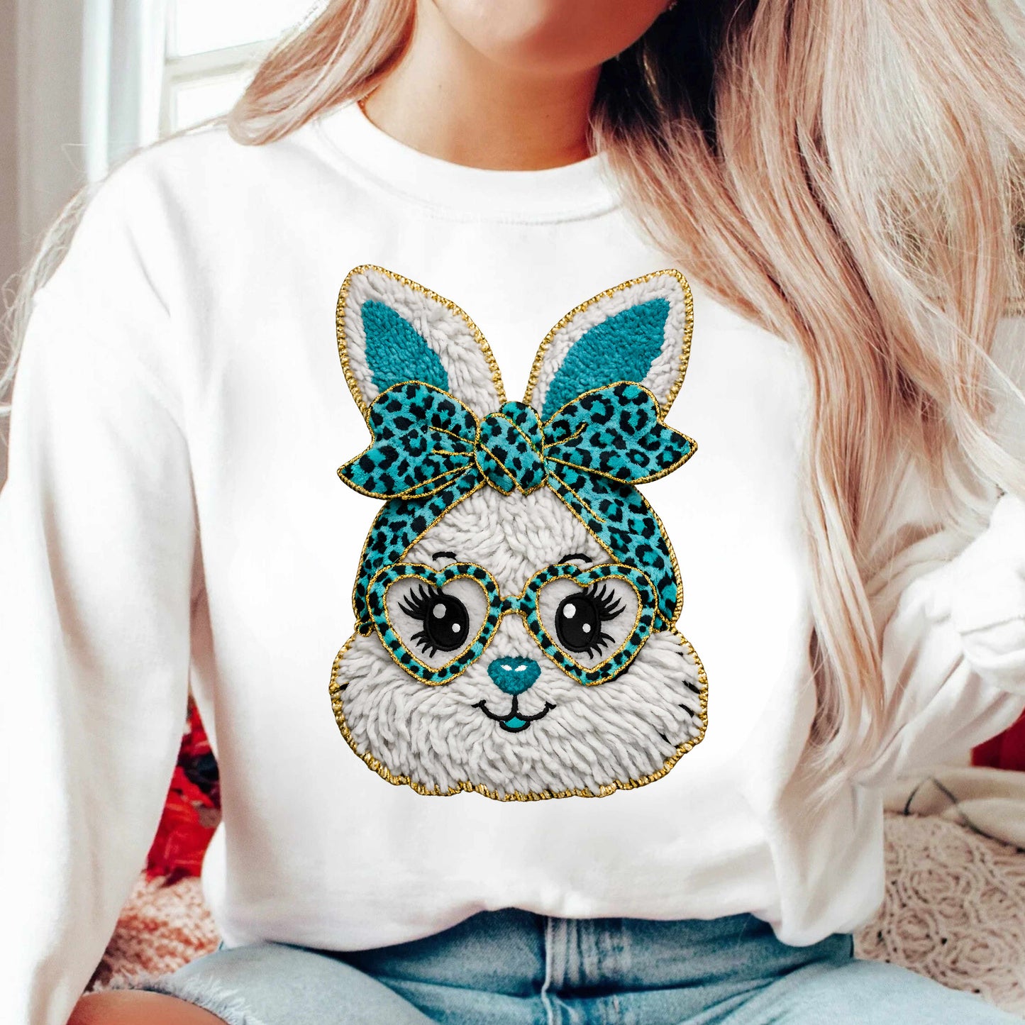 Faux Tufted Yarn Bunny Leopard Print  Crewneck Pullover Sweatshirt