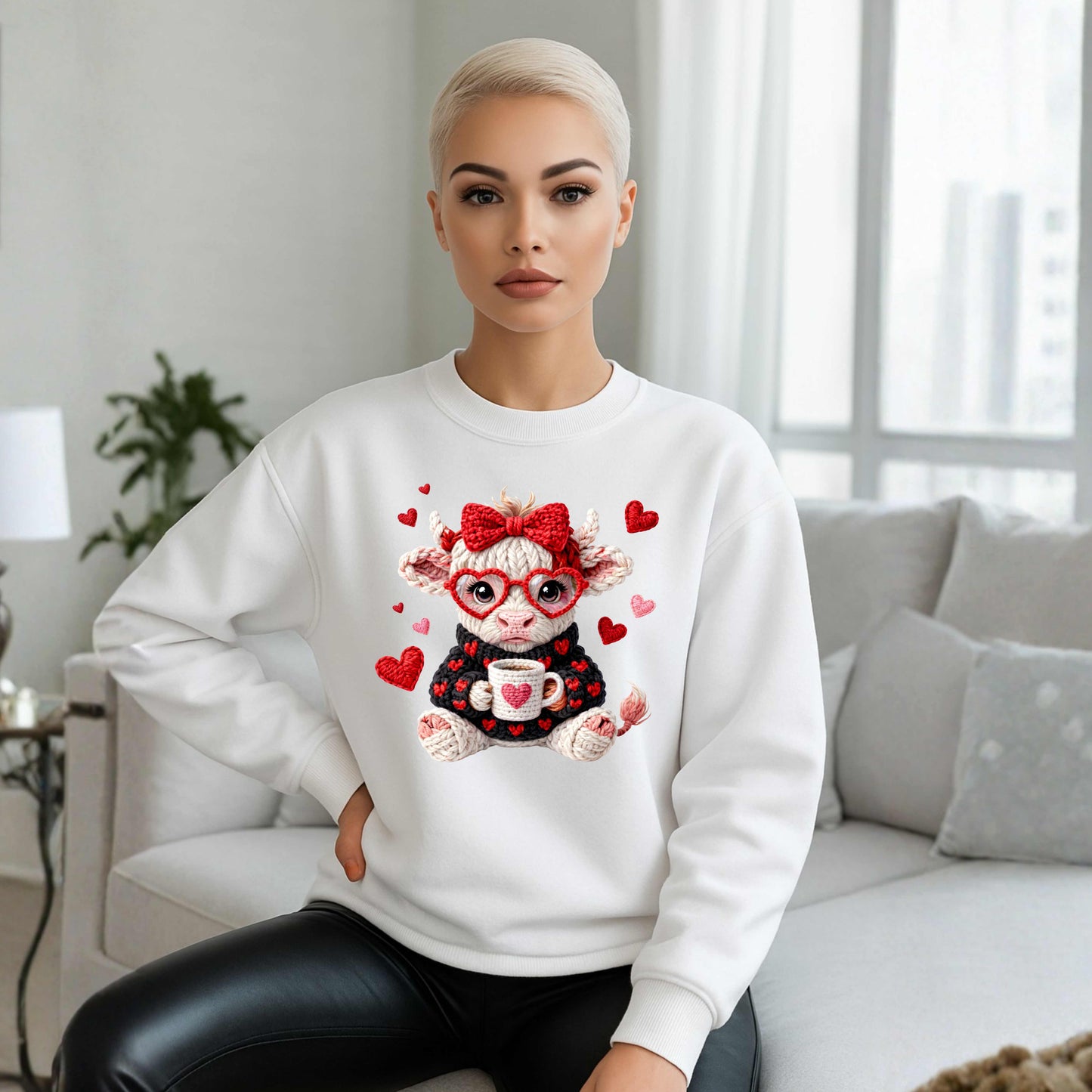 Faux Crochet Highland Cow Valentines Crewneck Pullover Sweatshirt