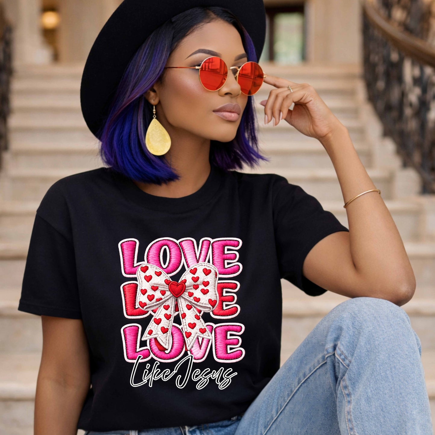 Faux Embroidered LOVE Like Jesus Coquette Bow T-Shirt