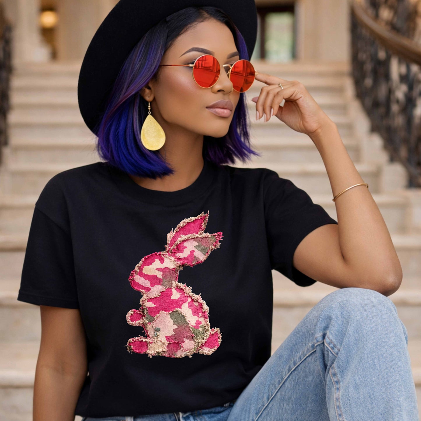Faux Embroidered Pink Camo Bunny T-Shirt