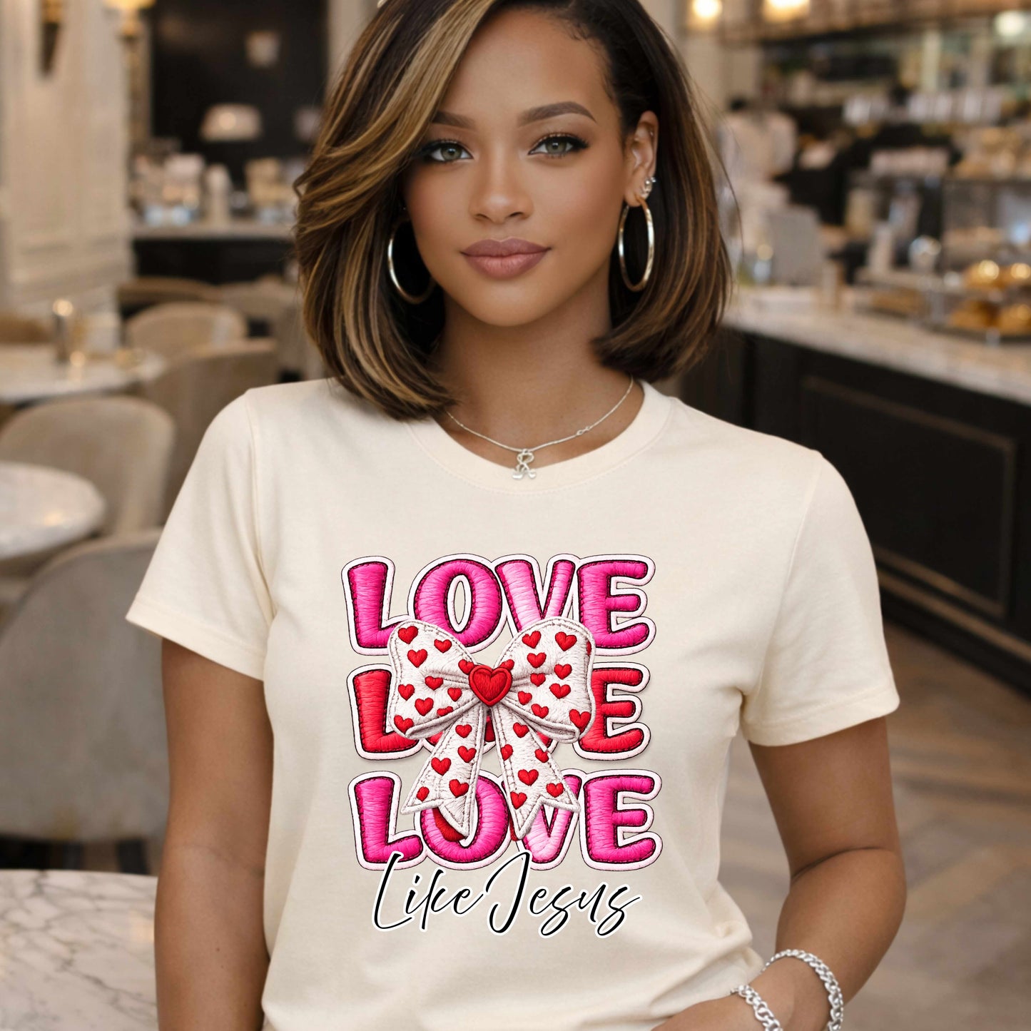 Faux Embroidered LOVE Like Jesus Coquette Bow T-Shirt