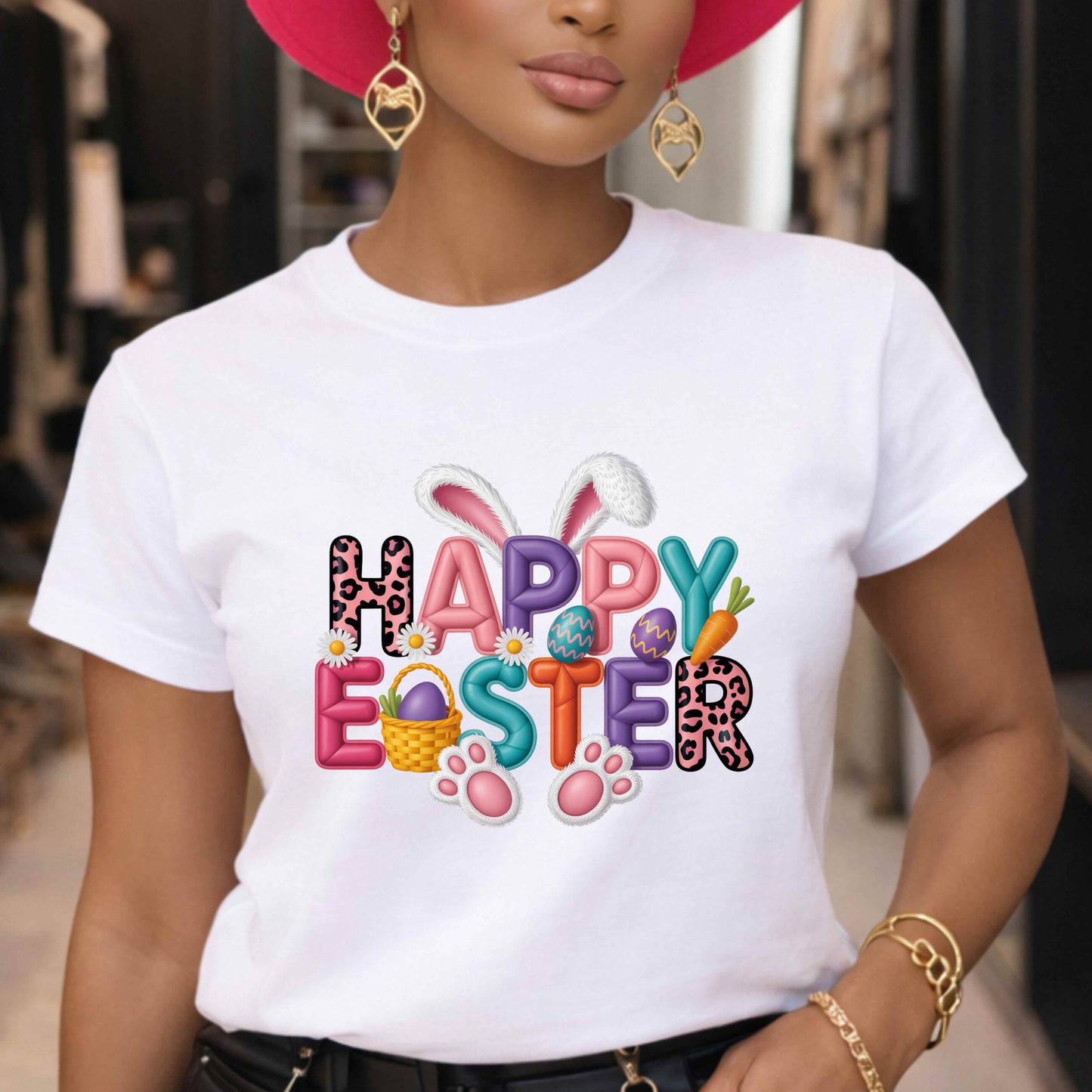 Faux Leather Puff Quilted Happy Easter T-Shirt