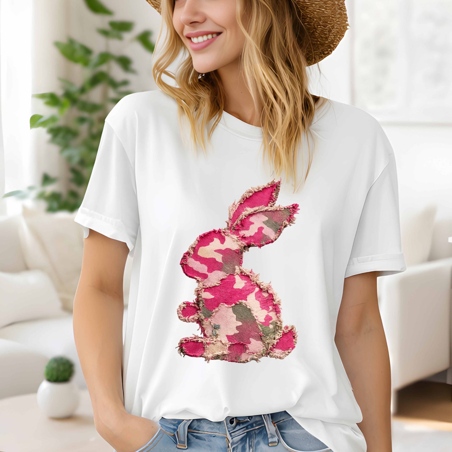 Faux Embroidered Pink Camo Bunny T-Shirt