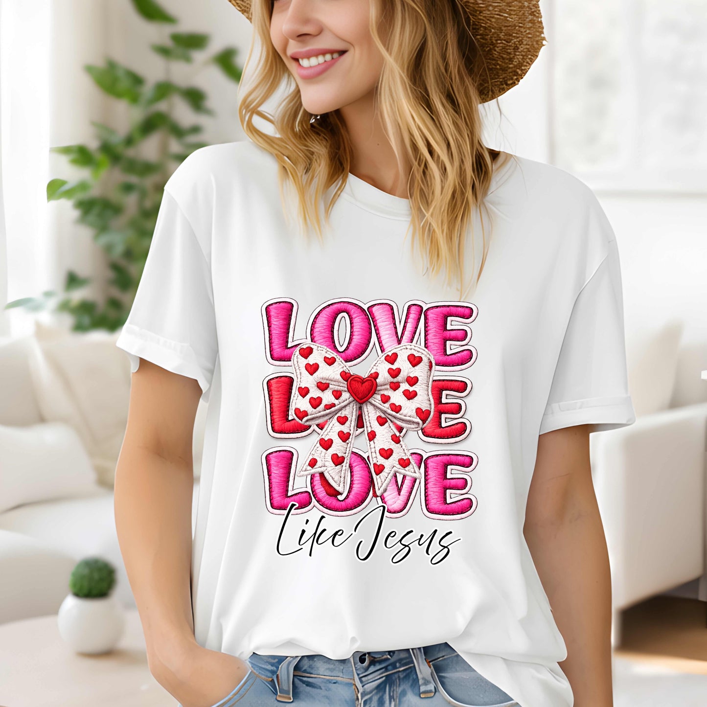Faux Embroidered LOVE Like Jesus Coquette Bow T-Shirt