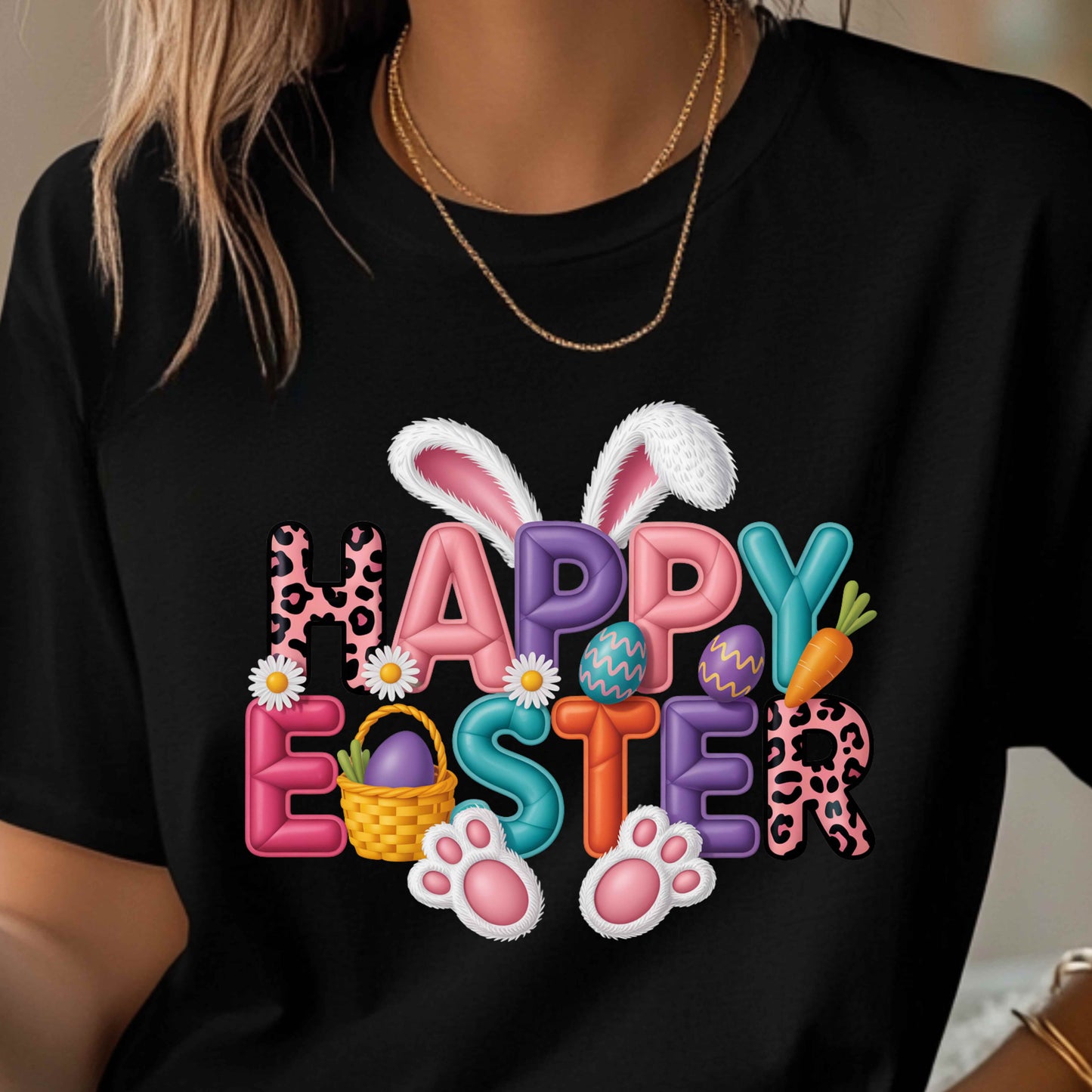 Faux Leather Puff Quilted Happy Easter T-Shirt