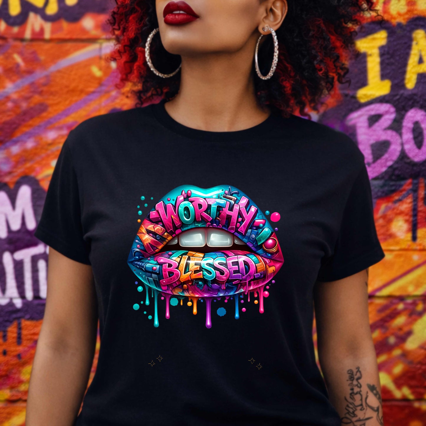 Worthy and Blessed Colorful Graffiti LipsT-Shirt