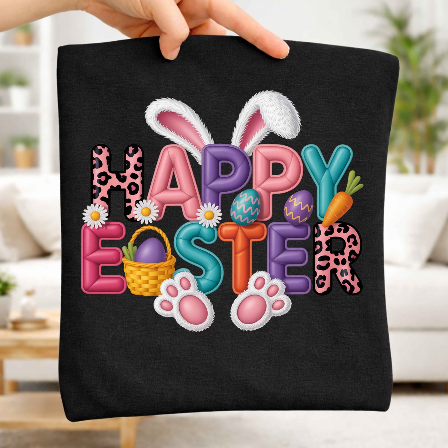 Faux Leather Puff Quilted Happy Easter T-Shirt