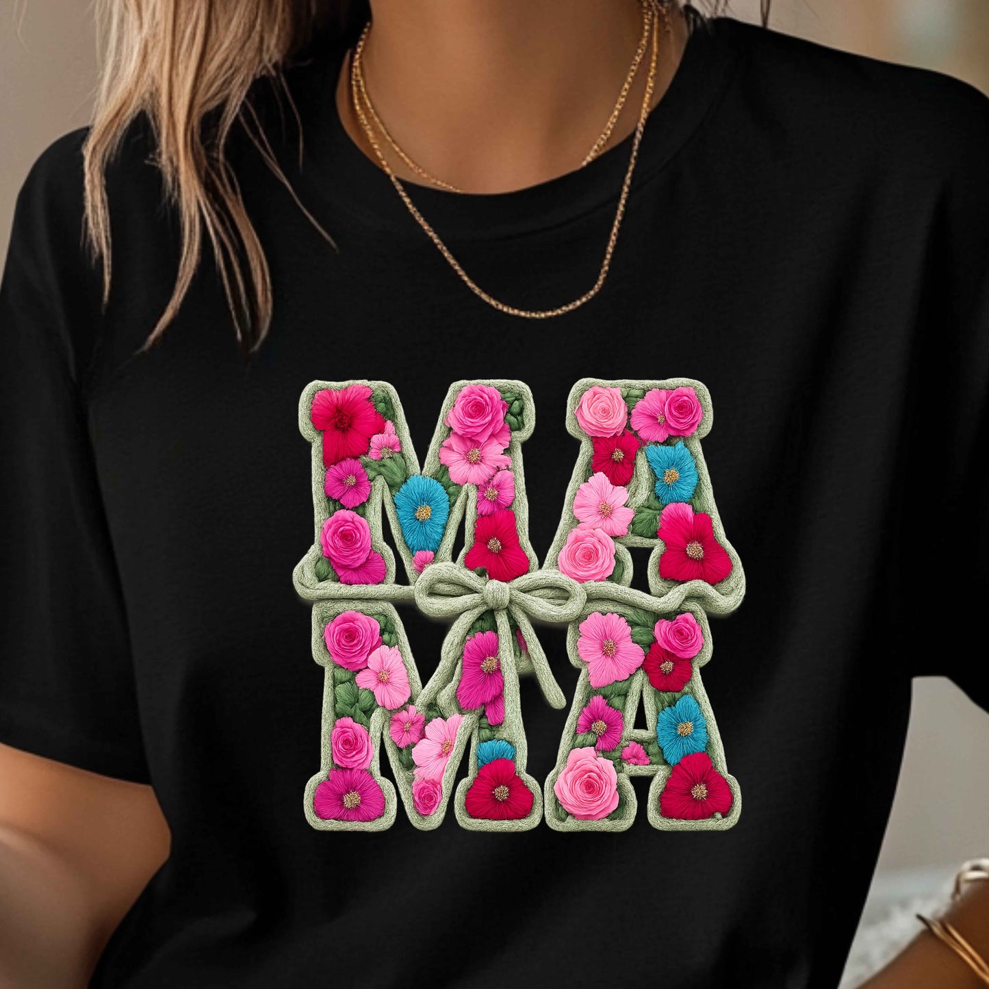 Faux Embroidered Flower MAMA T-Shirt
