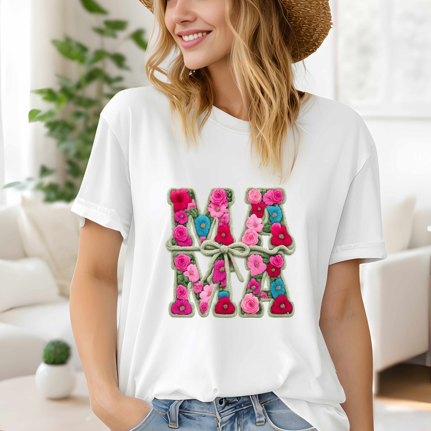 Faux Embroidered Flower MAMA T-Shirt