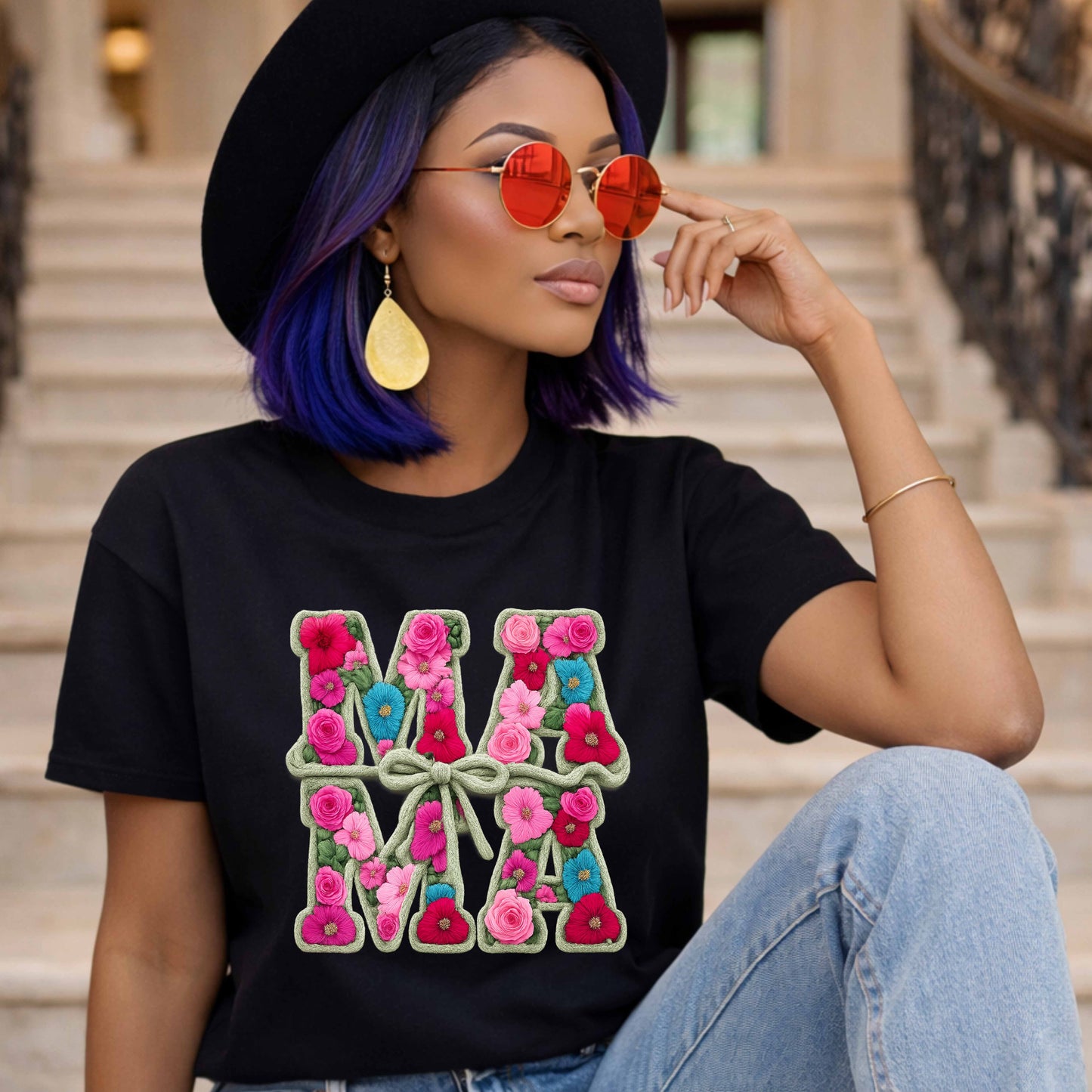 Faux Embroidered Flower MAMA T-Shirt