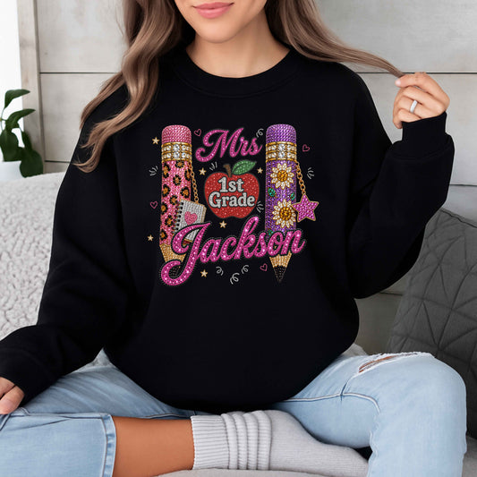 Personalized Teacher Faux Bling Pencil Pullover Sweatshirt