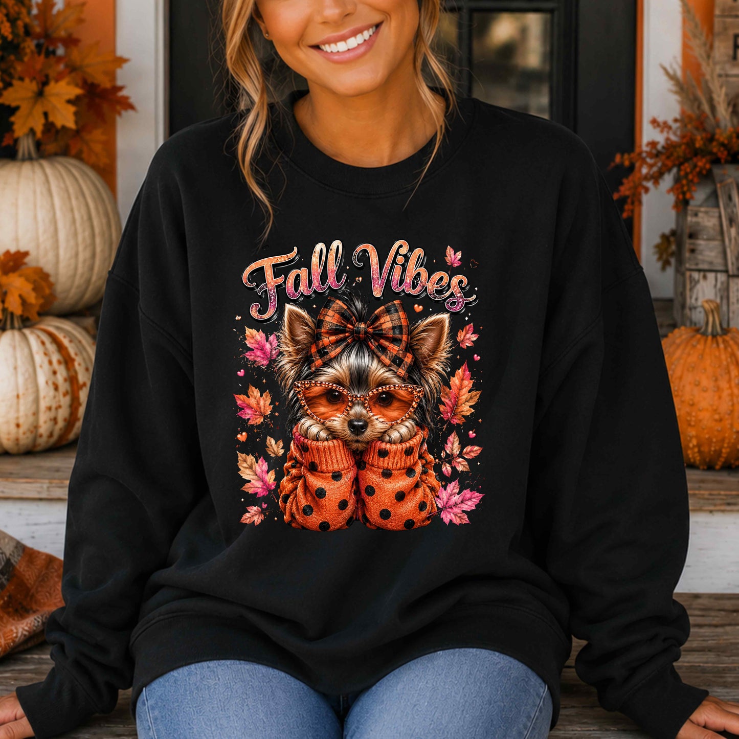Fall Vibes Cute Yorkie Crewneck Pullover Sweatshirt
