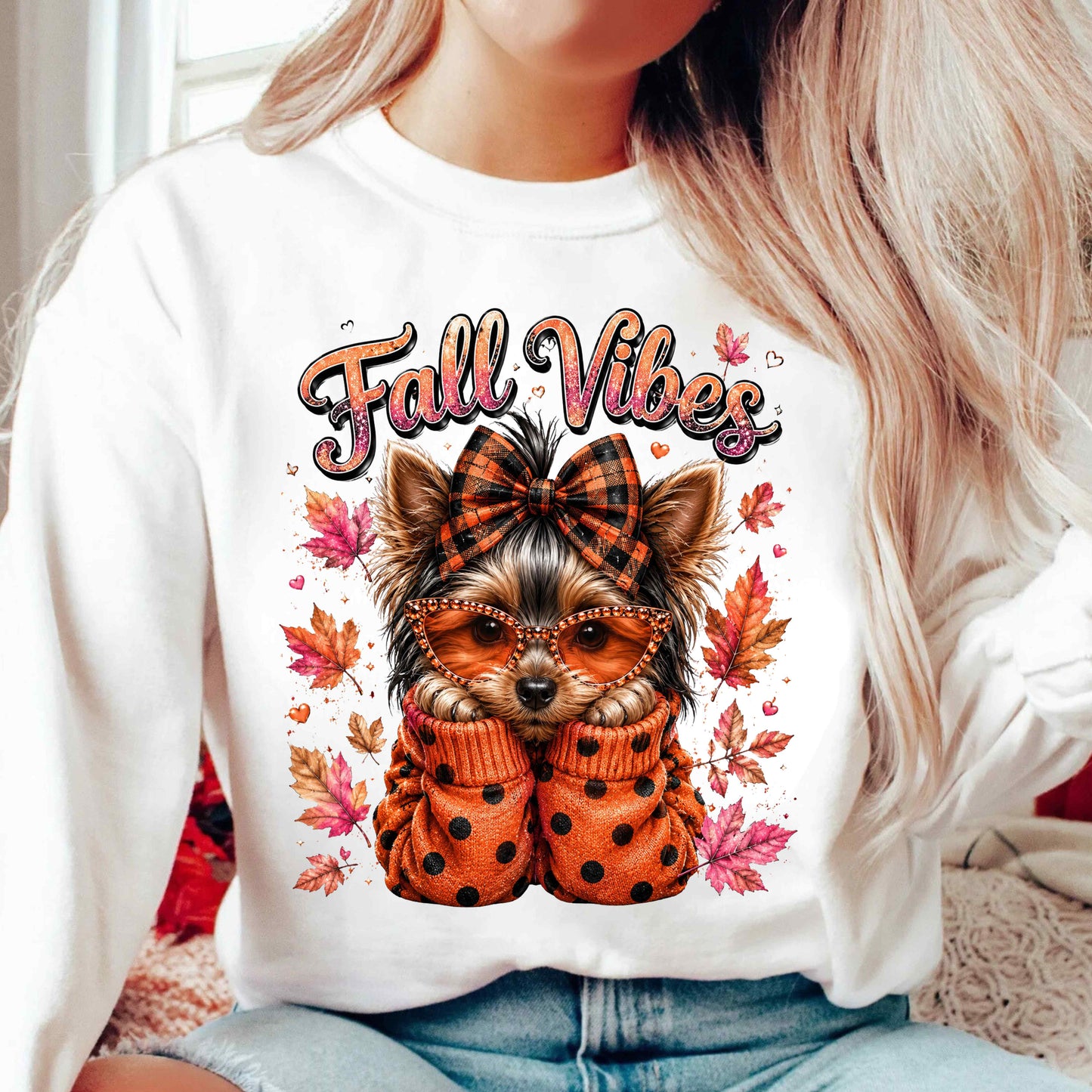 Fall Vibes Cute Yorkie Crewneck Pullover Sweatshirt