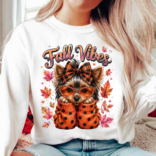 Fall Vibes Cute Yorkie Crewneck Pullover Sweatshirt