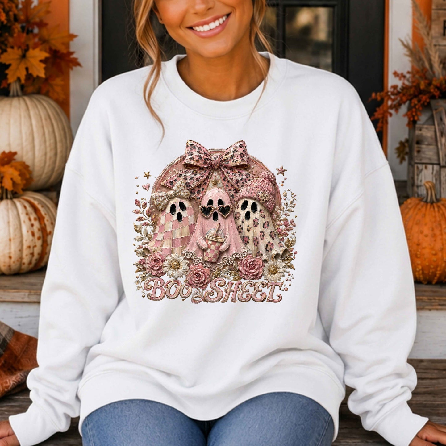 Faux Paint Pink Ghost Breast Cancer Awareness Crewneck Pullover Sweatshirt