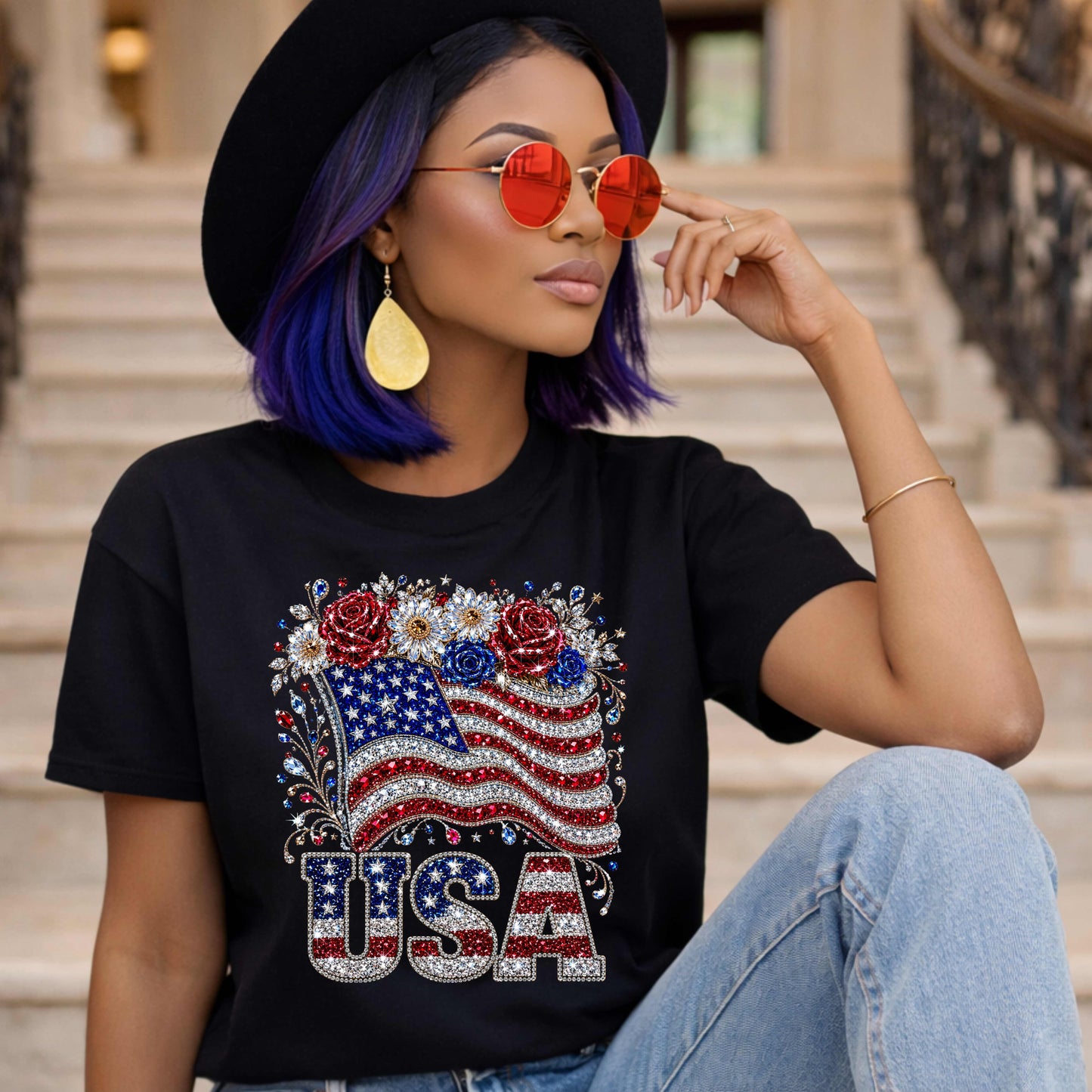 Faux Bling USA Flag 4th of July T-Shirt