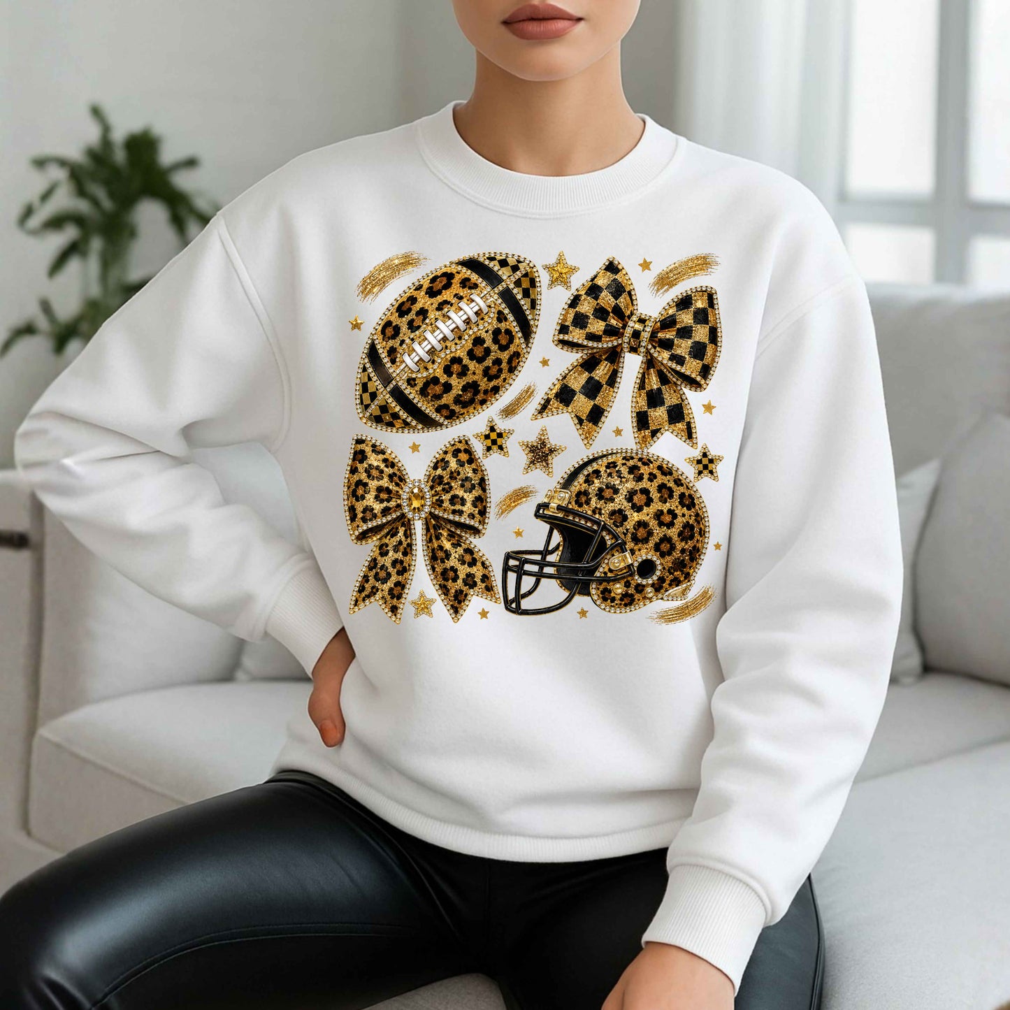 Leopard Print Football Faux Bling  Crewneck Pullover Sweatshirt