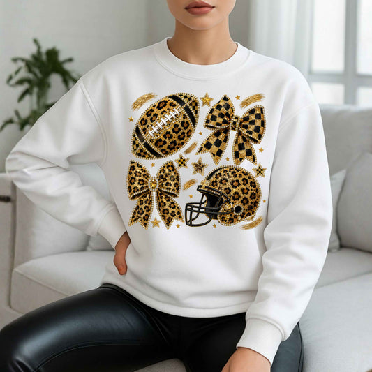Leopard Print Football Faux Bling  Crewneck Pullover Sweatshirt