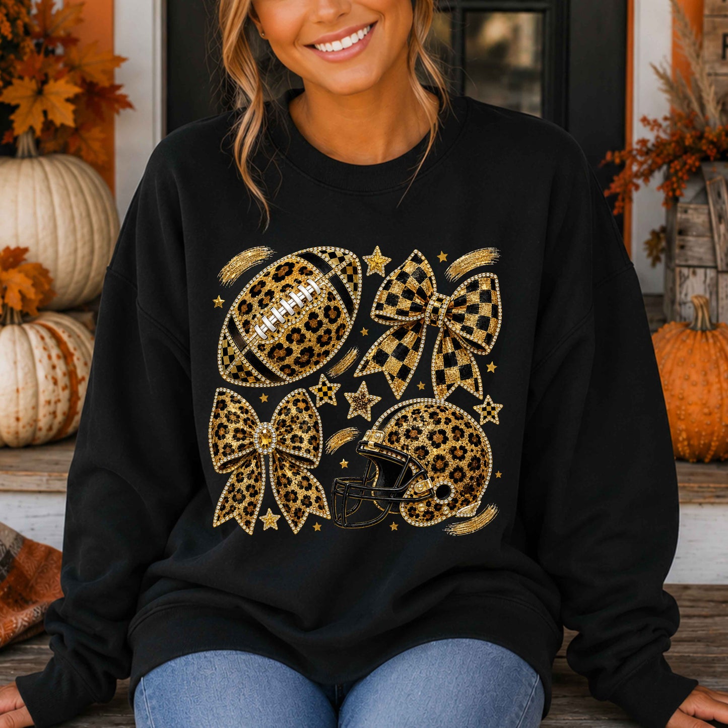 Leopard Print Football Faux Bling  Crewneck Pullover Sweatshirt