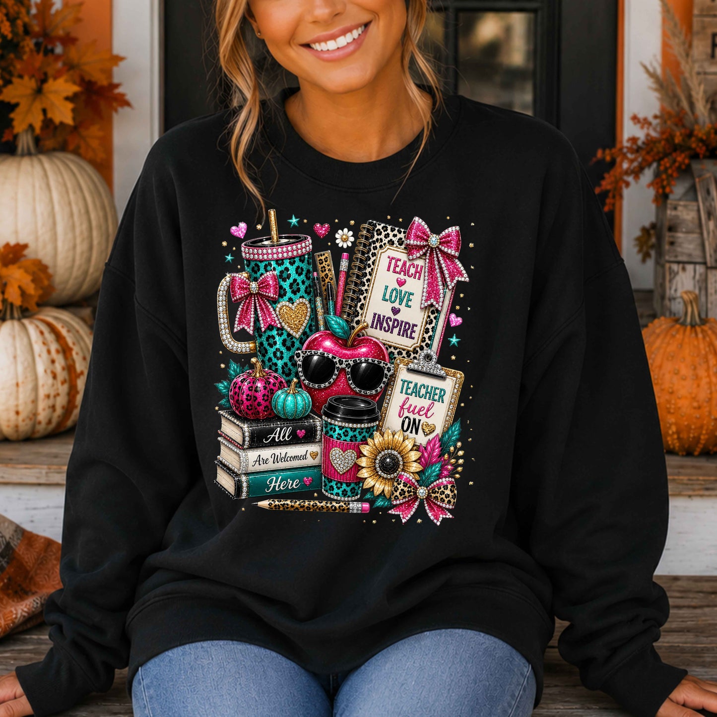 All Are Welcome Here Teacher Crewneck Pullover Sweatshirt