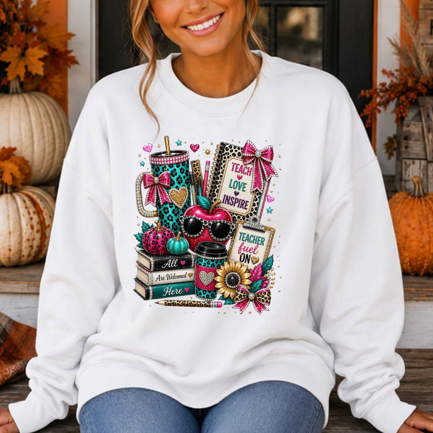 All Are Welcome Here Teacher Crewneck Pullover Sweatshirt