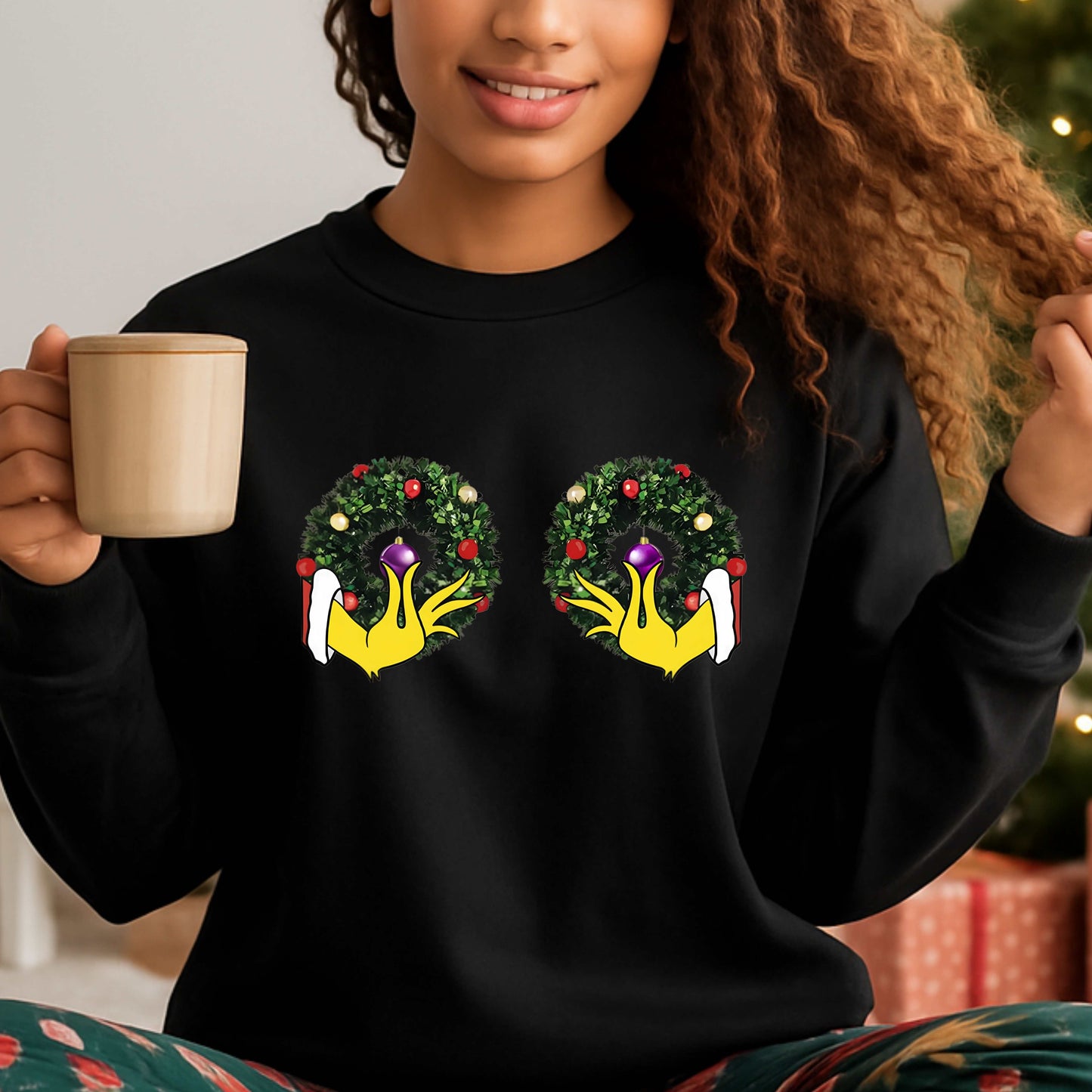Funny Christmas Wreath Women Crewneck Pullover Sweatshirt